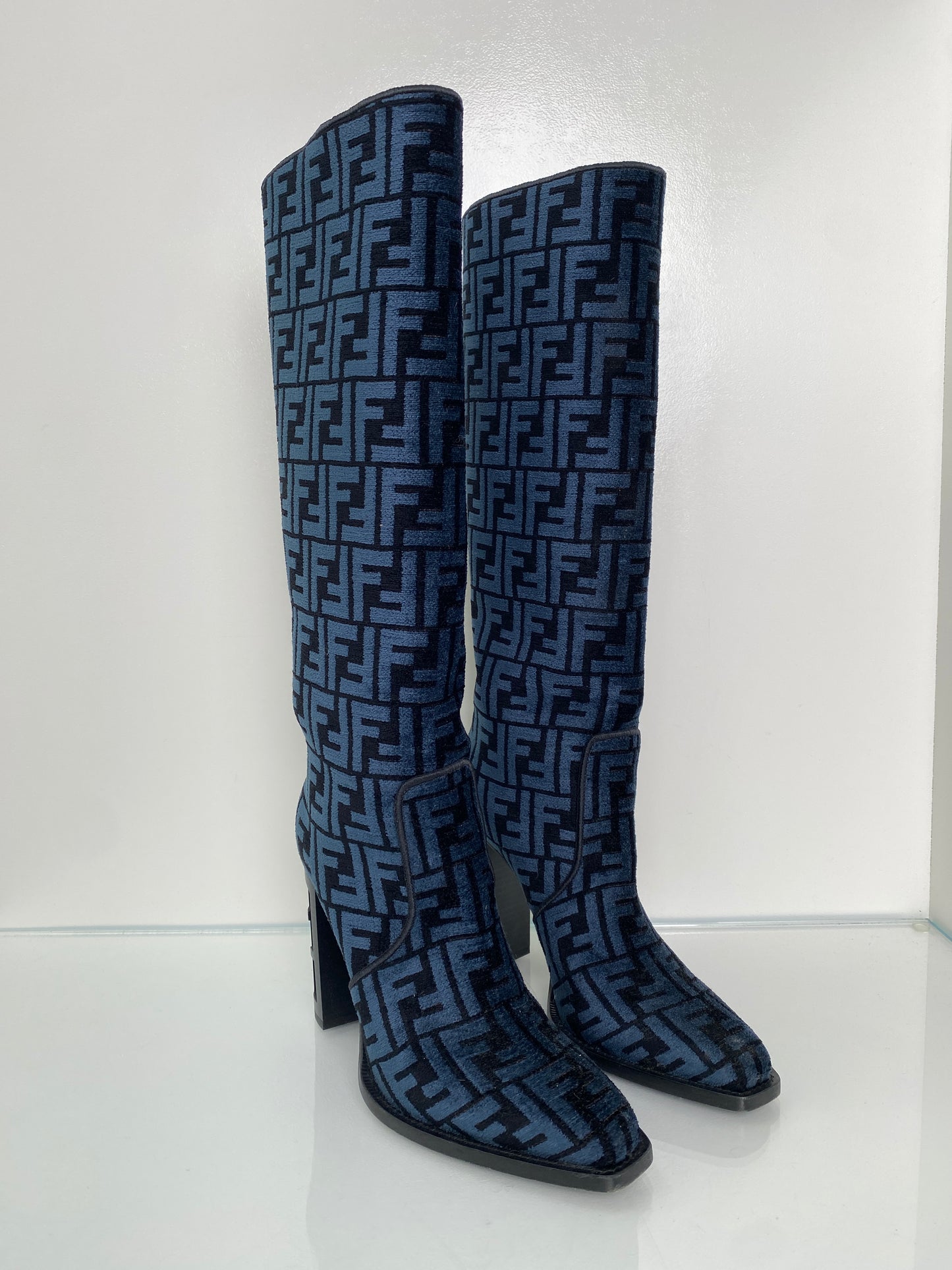 Fendi Navy & Black Chenille Tall Heel Boots, 39