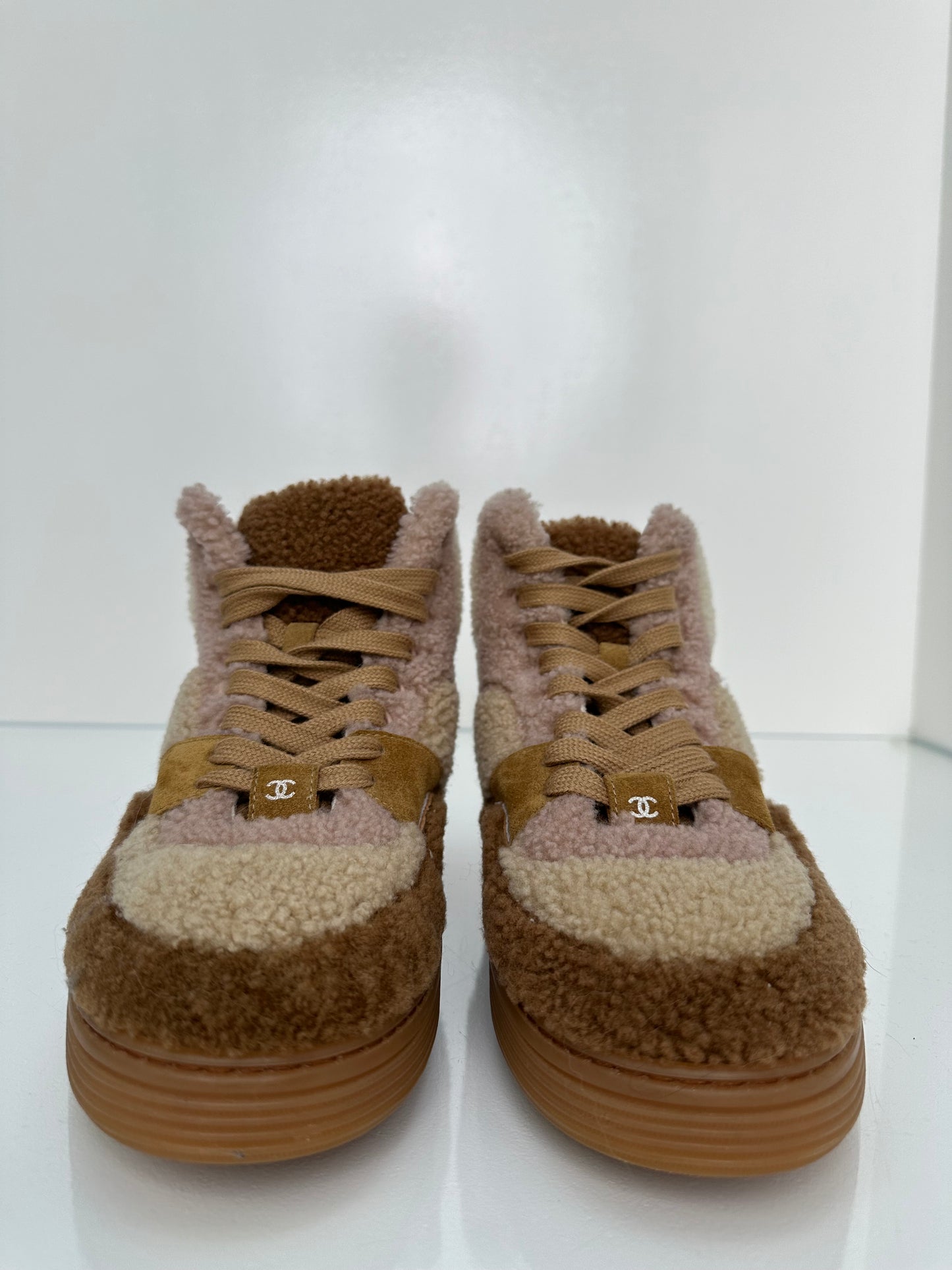 Chanel Cream, Pink, & Brown Shearling Sneakers, 39.5