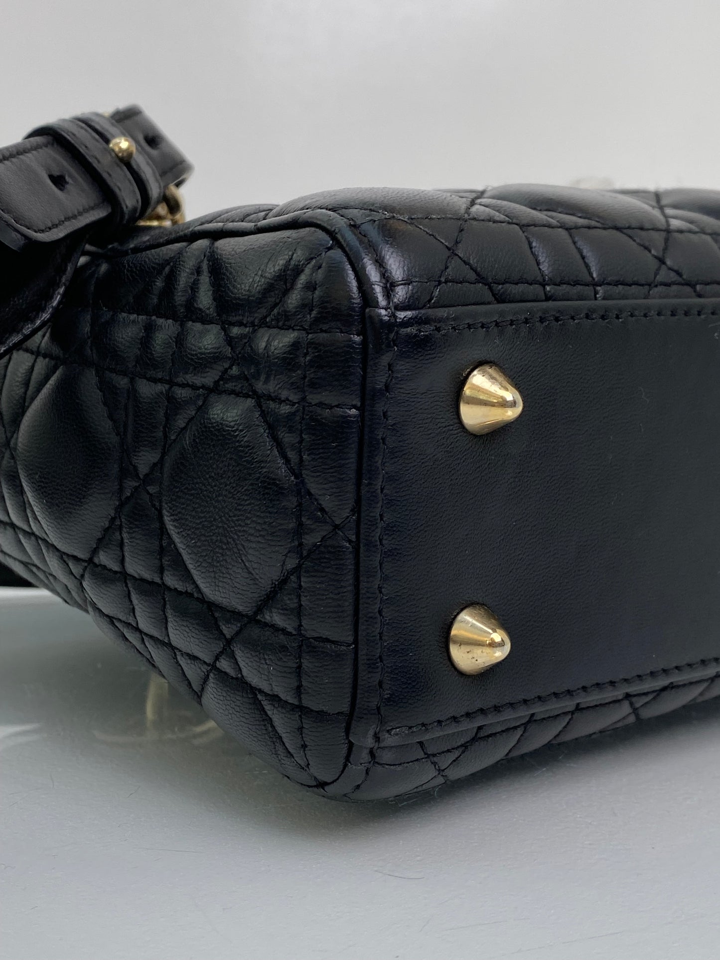 Christian Dior Lady Dior Small Black Lambskin W/ Blue Charm Strap