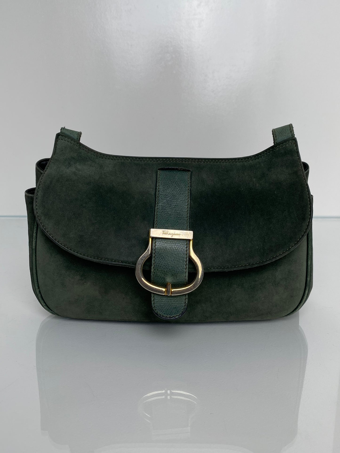 Ferragamo Vintage Green Velvet Crossbody Bag GHW