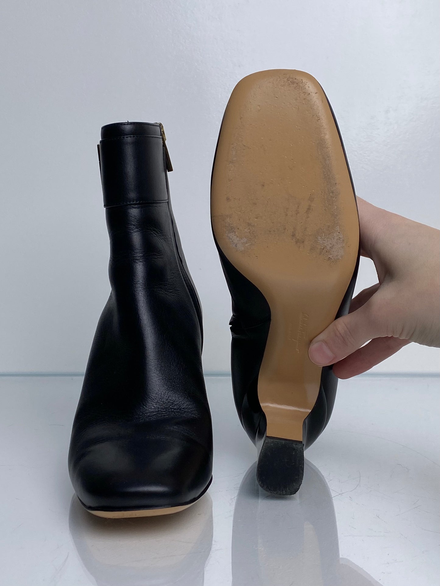 Ferragamo Black & Gold Logo Booties, 6