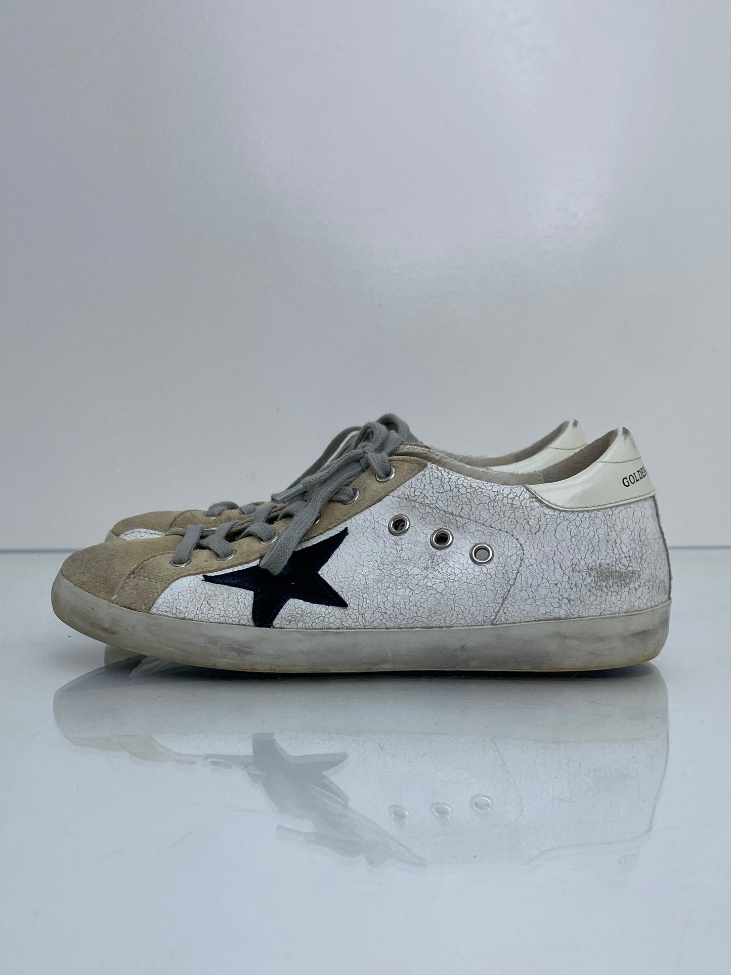 Golden Gooss Crackled White/Tan Suede Superstars 39