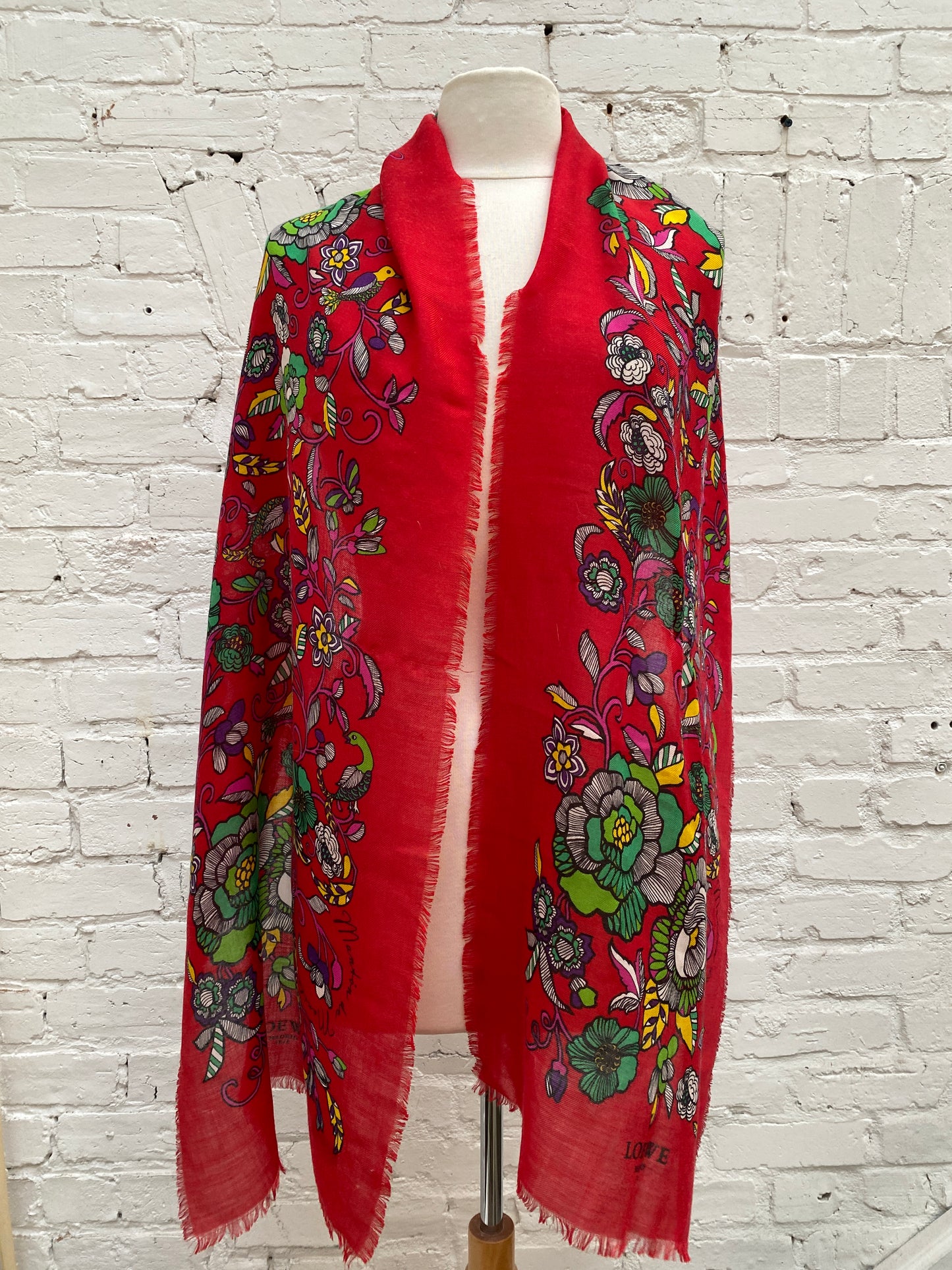 Loewe Red & Multicolor Floral Silk Shawl Scarf