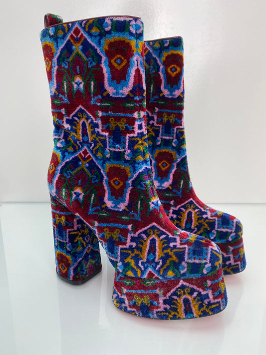 Christian Louboutin Maroon & Multicolor Velvet Platform Boots, 39