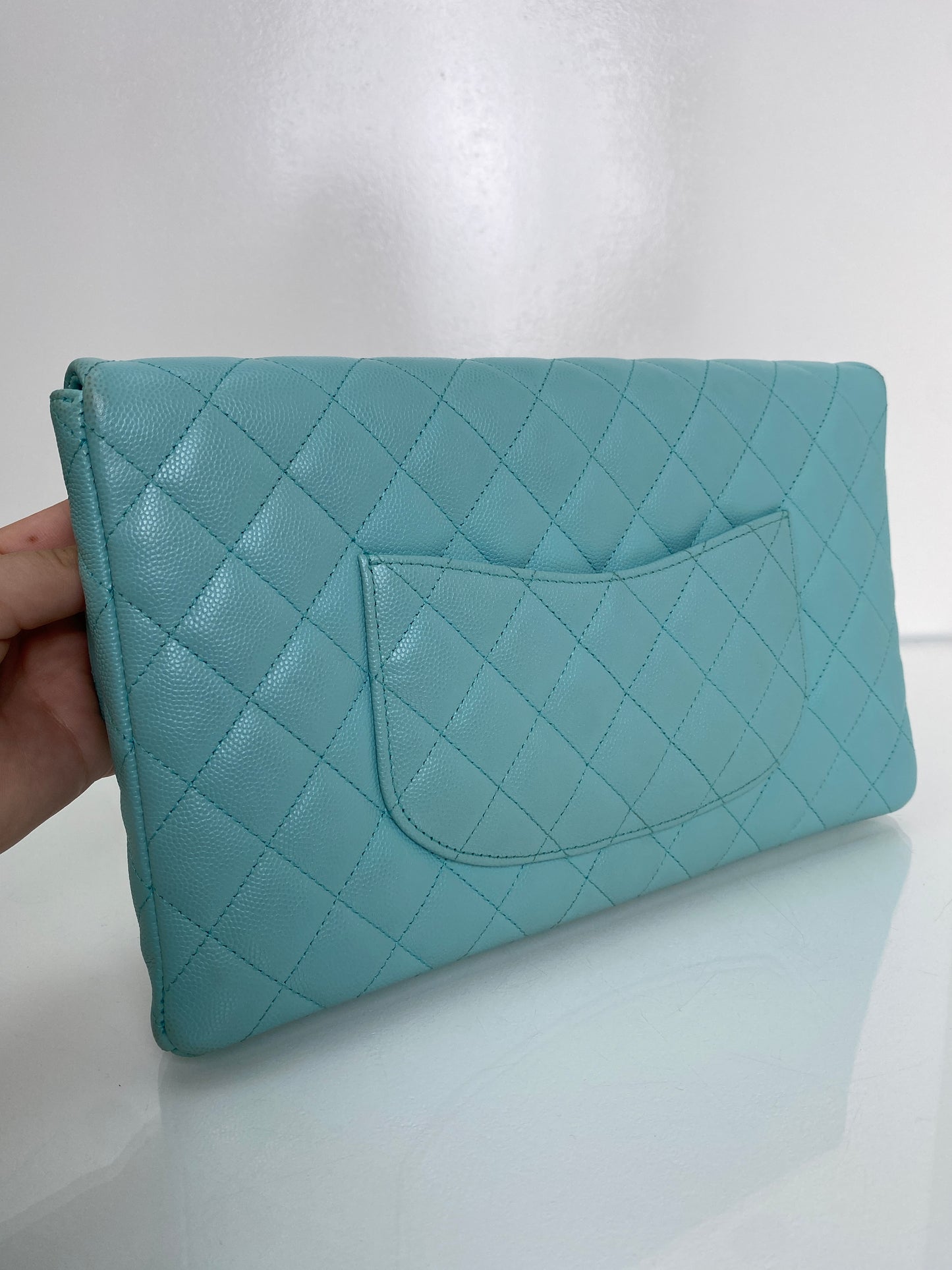 Chanel Light Blue Caviar Quilted Clutch LGHW
