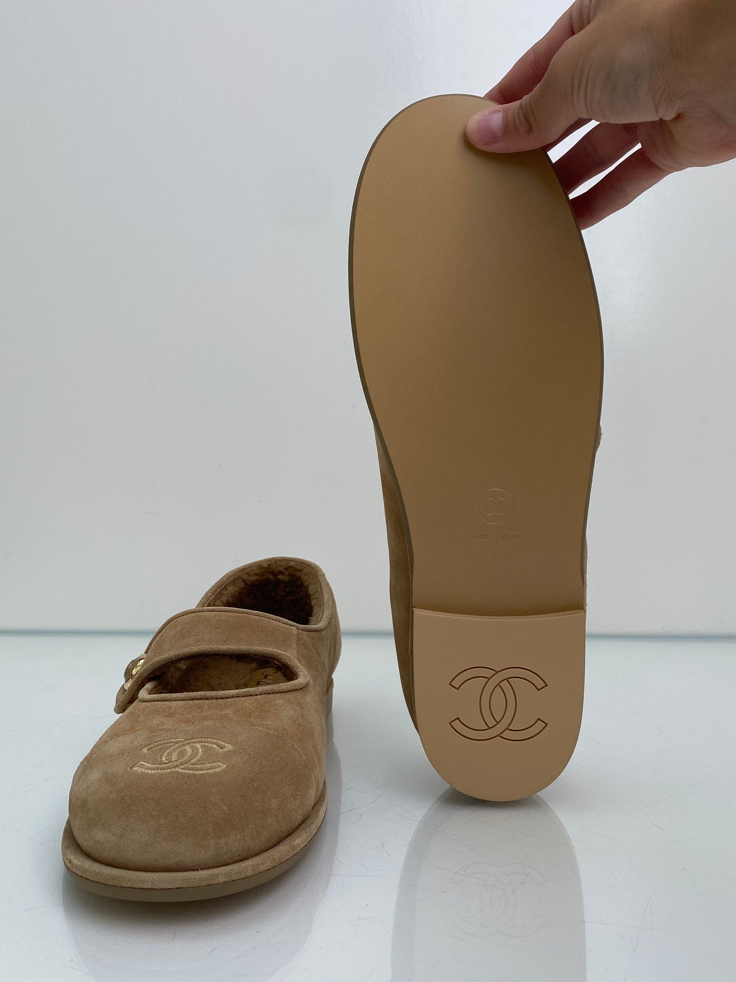 Chanel Tan Suede Mary Jane Flats, 41