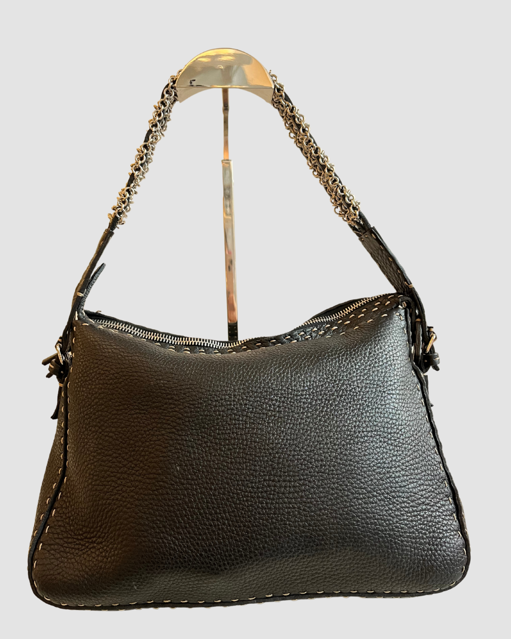 Fendi Vintage Black Leather Silver Detailing Shoulder Bag