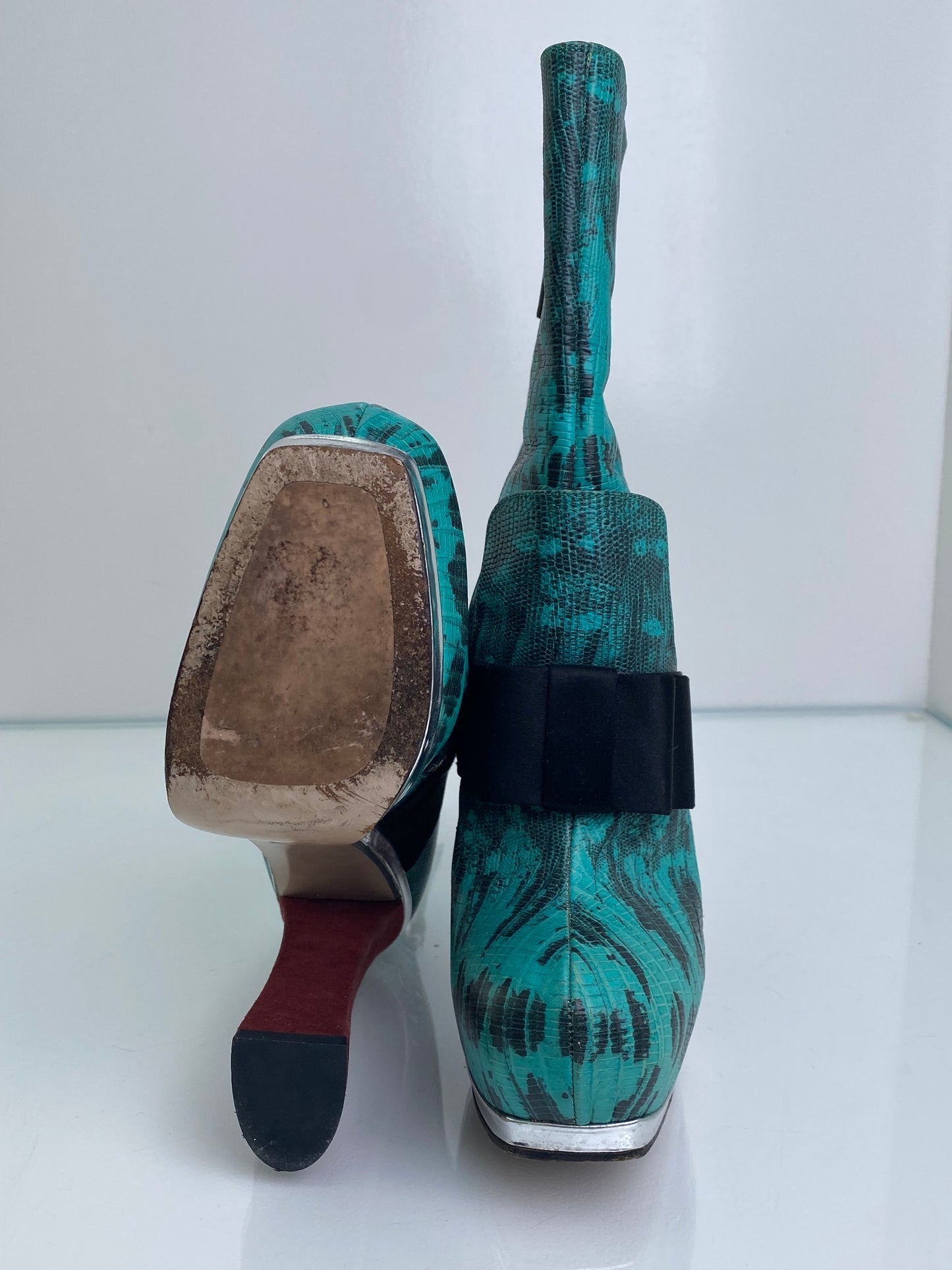 Miu Miu Teal, Black, & Burgundy Exotic Platform Boot Heels, 38