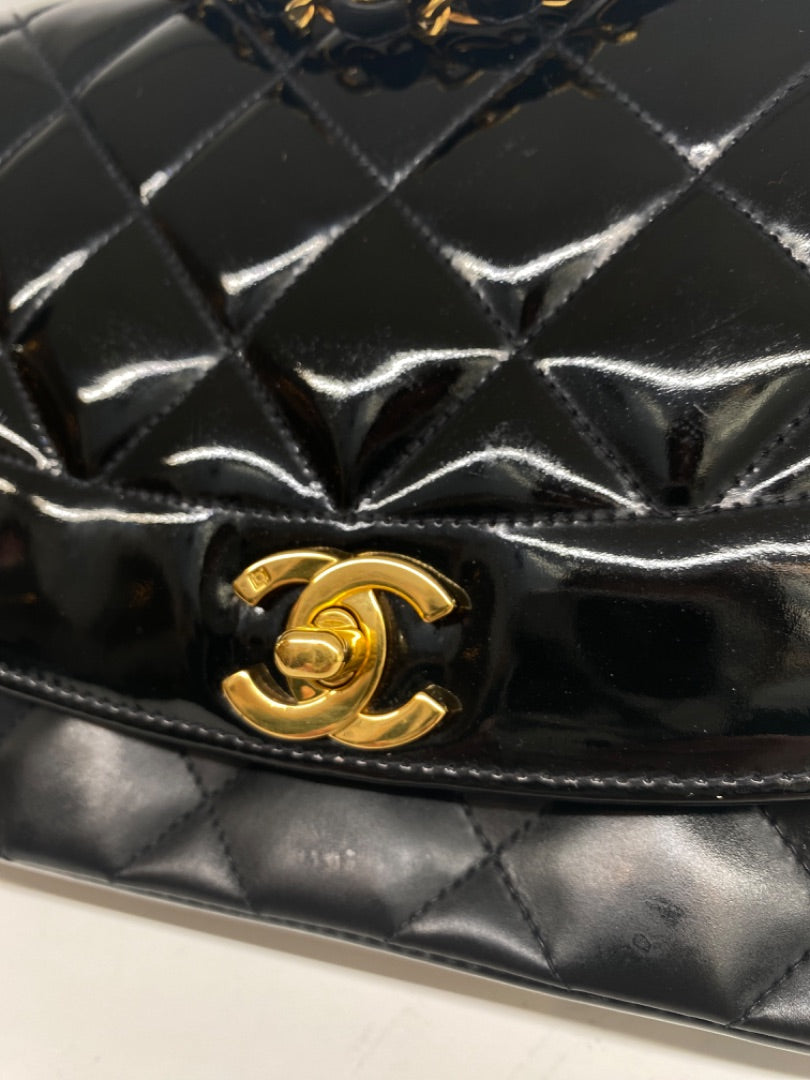Chanel Classic Vintage Diana, Black Patent, GHW w/ card