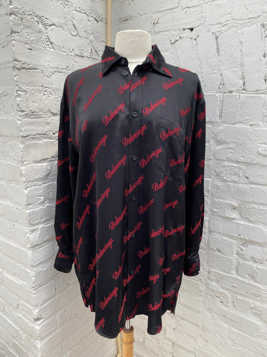 Balenciaga Black & Red Barrage Letter Logo Silk Shirt, 38