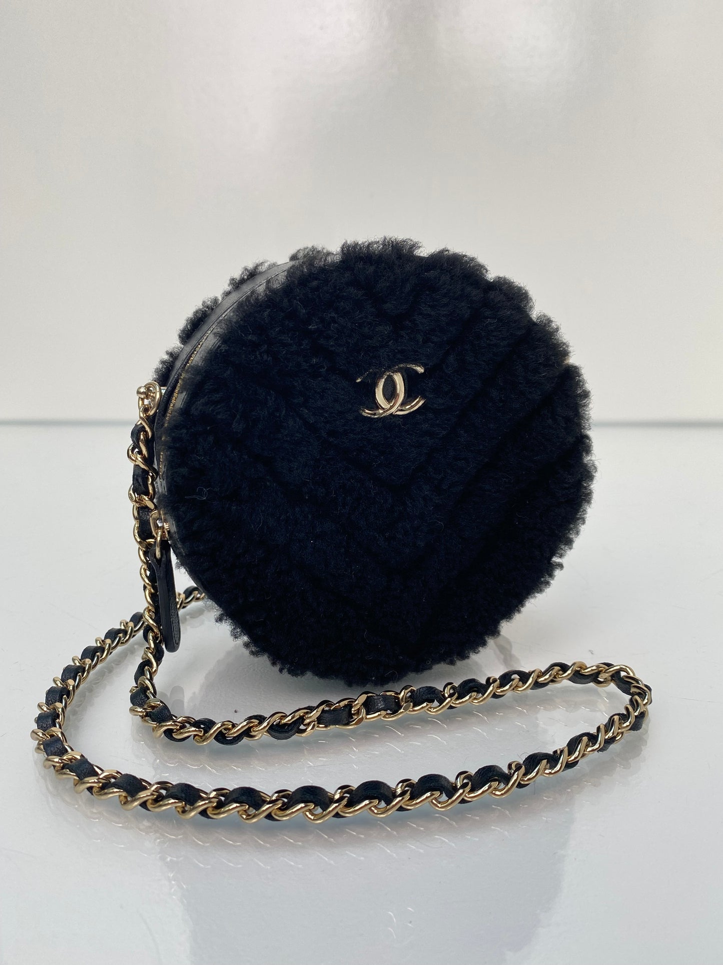 Chanel Black Shearling Chevron Round Mini Crossbody Bag