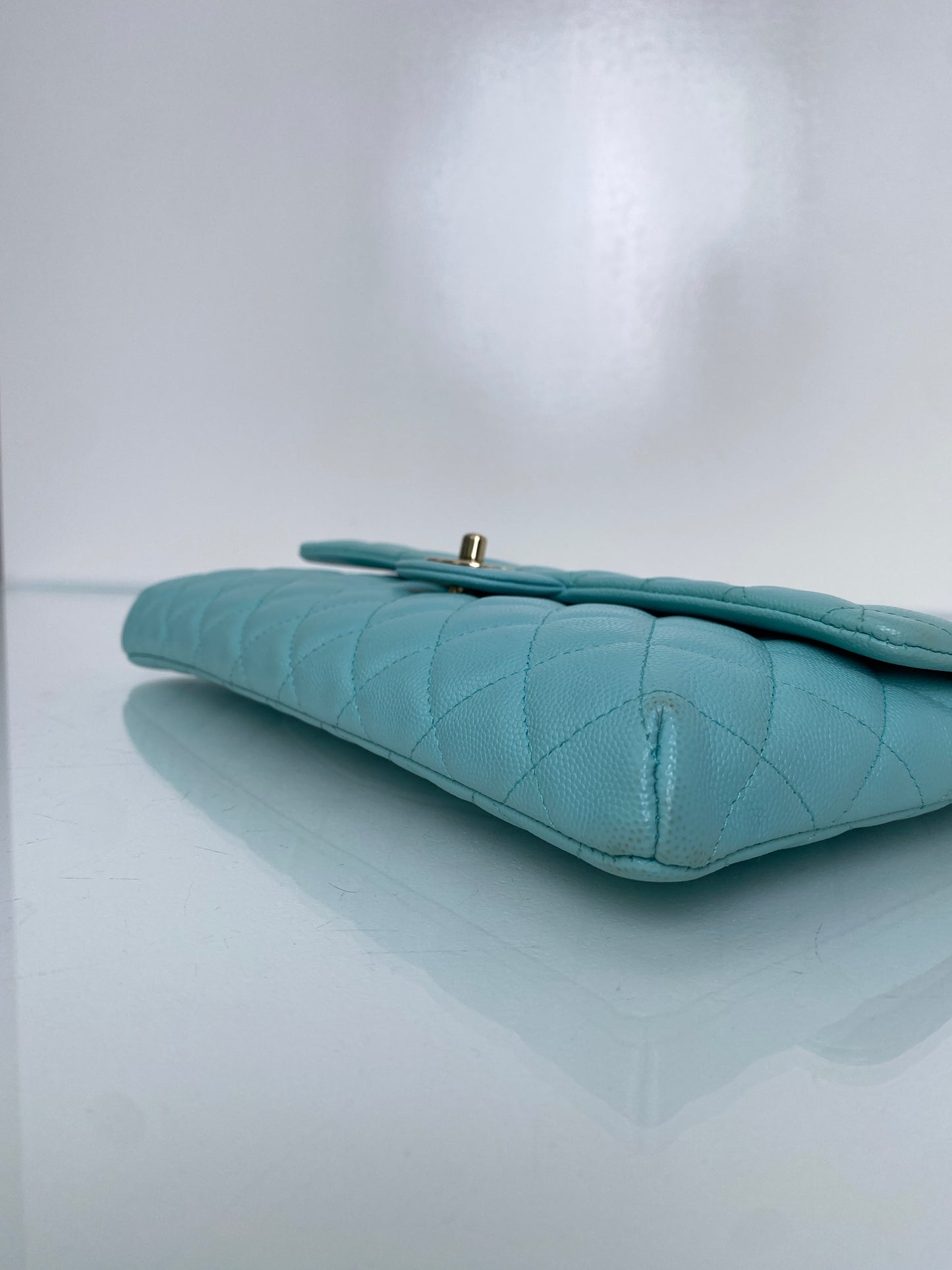 Chanel Light Blue Caviar Quilted Clutch LGHW
