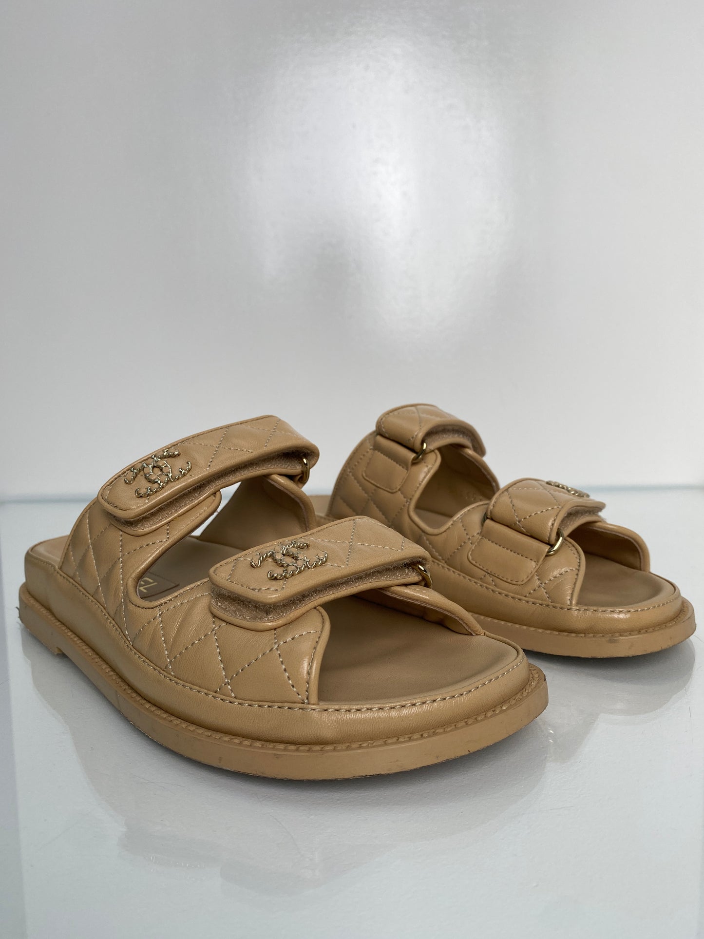 Chanel Beige Lambskin CC Dad Sandals, 37