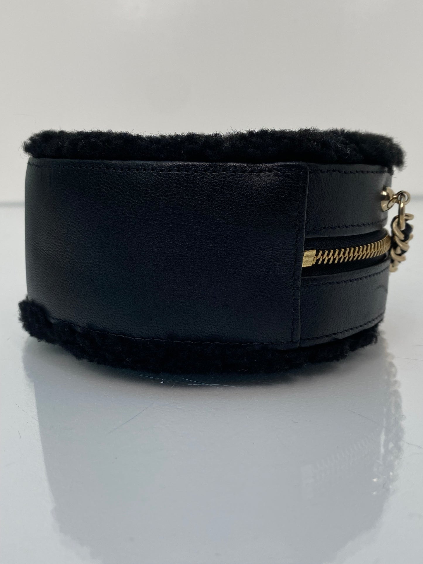 Chanel Black Shearling Chevron Round Mini Crossbody Bag