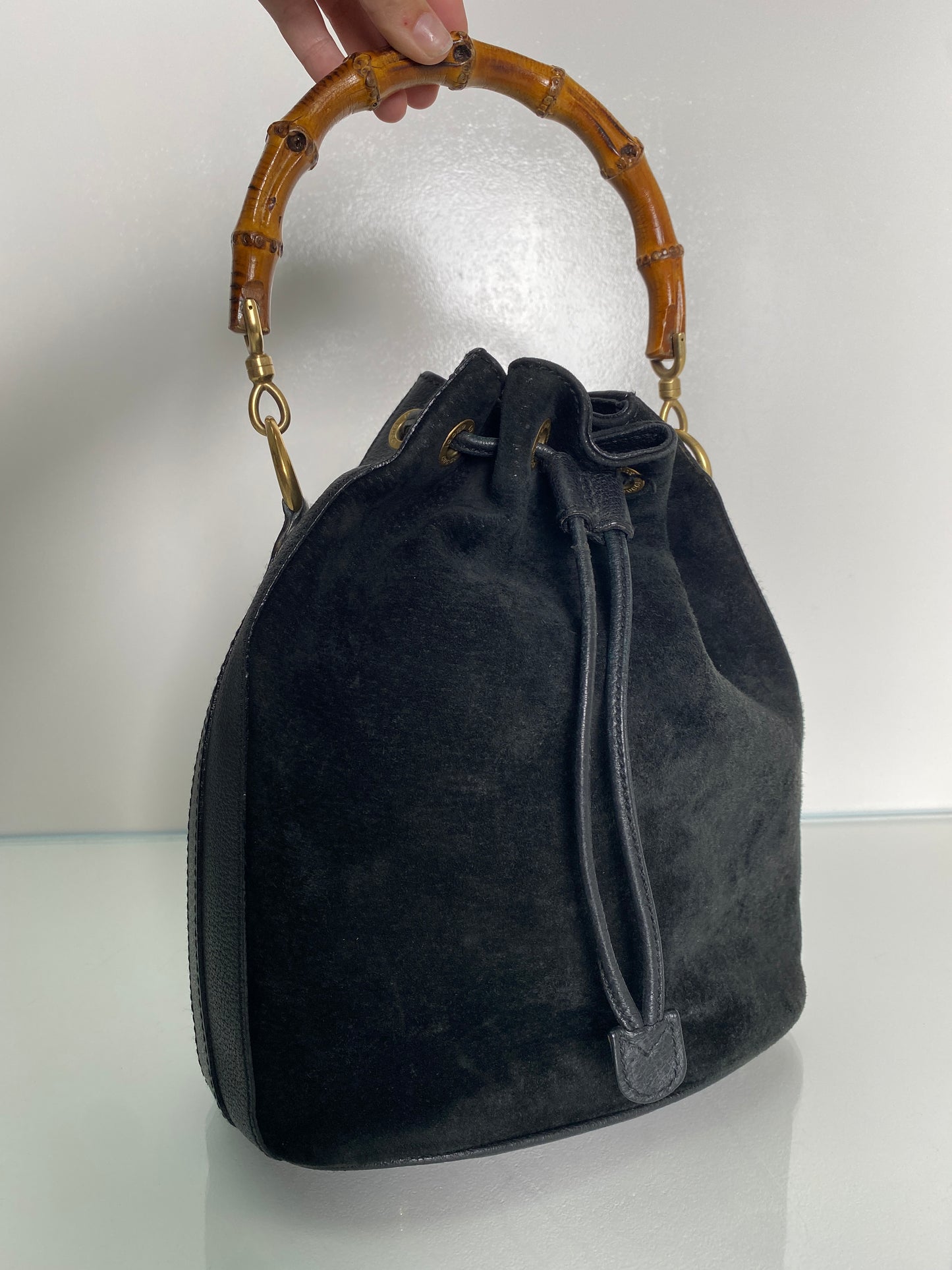 Gucci Vinatge Black Suede Bamboo Bucket Bag GHW