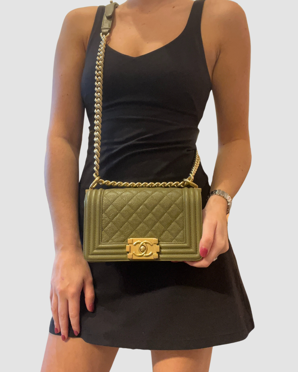 Chanel Small Army Green Caviar Leather Boy Bag GHW