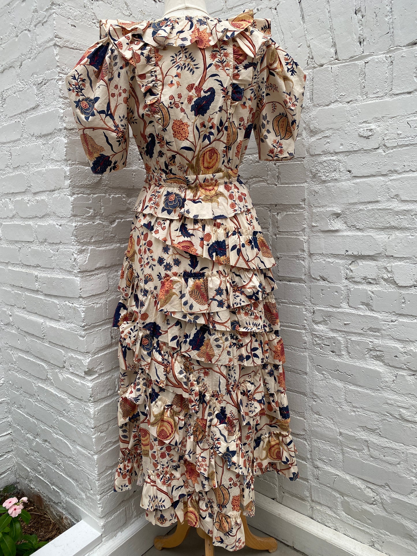 Ulla Johnson Cream, Peach & Navy Ruffled Dress, S/M