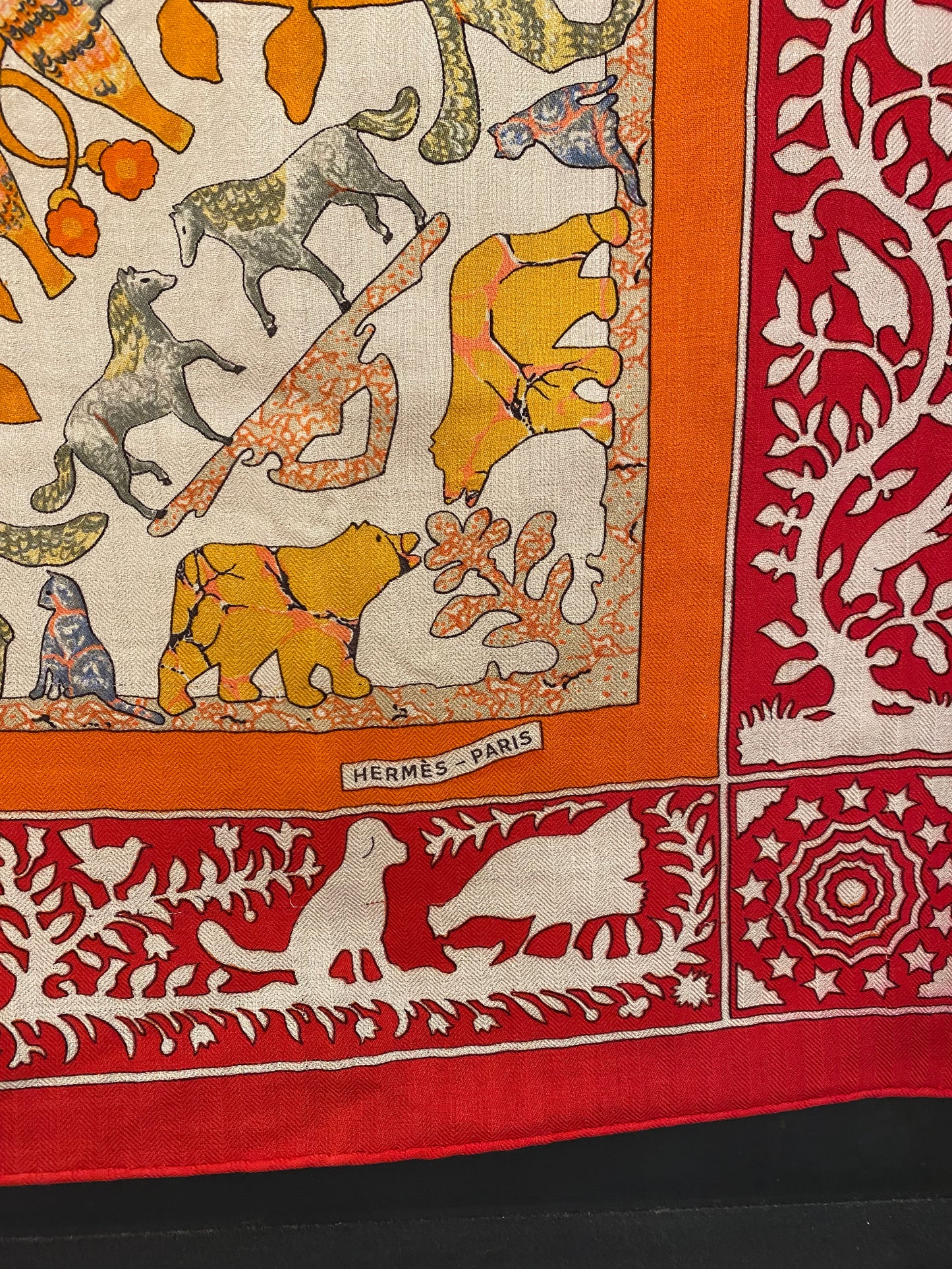 Hermes Vintage Red & Orange 'Early America' Chasmere & Silk Scarf (As Is)