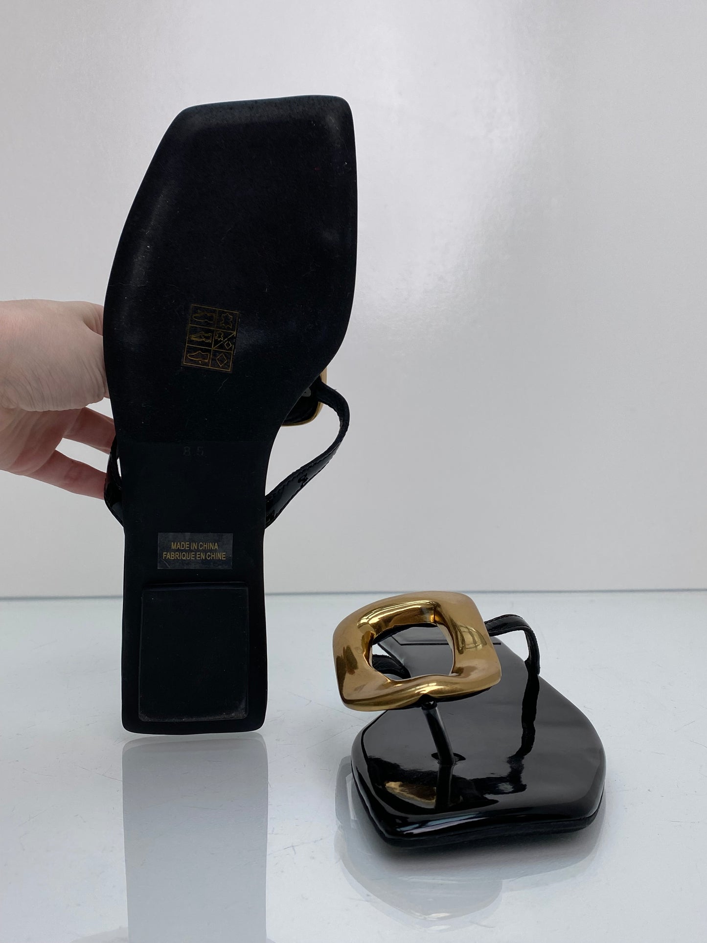 Jeffrey Campbell Black & Gold Metal Sandals, 8.5
