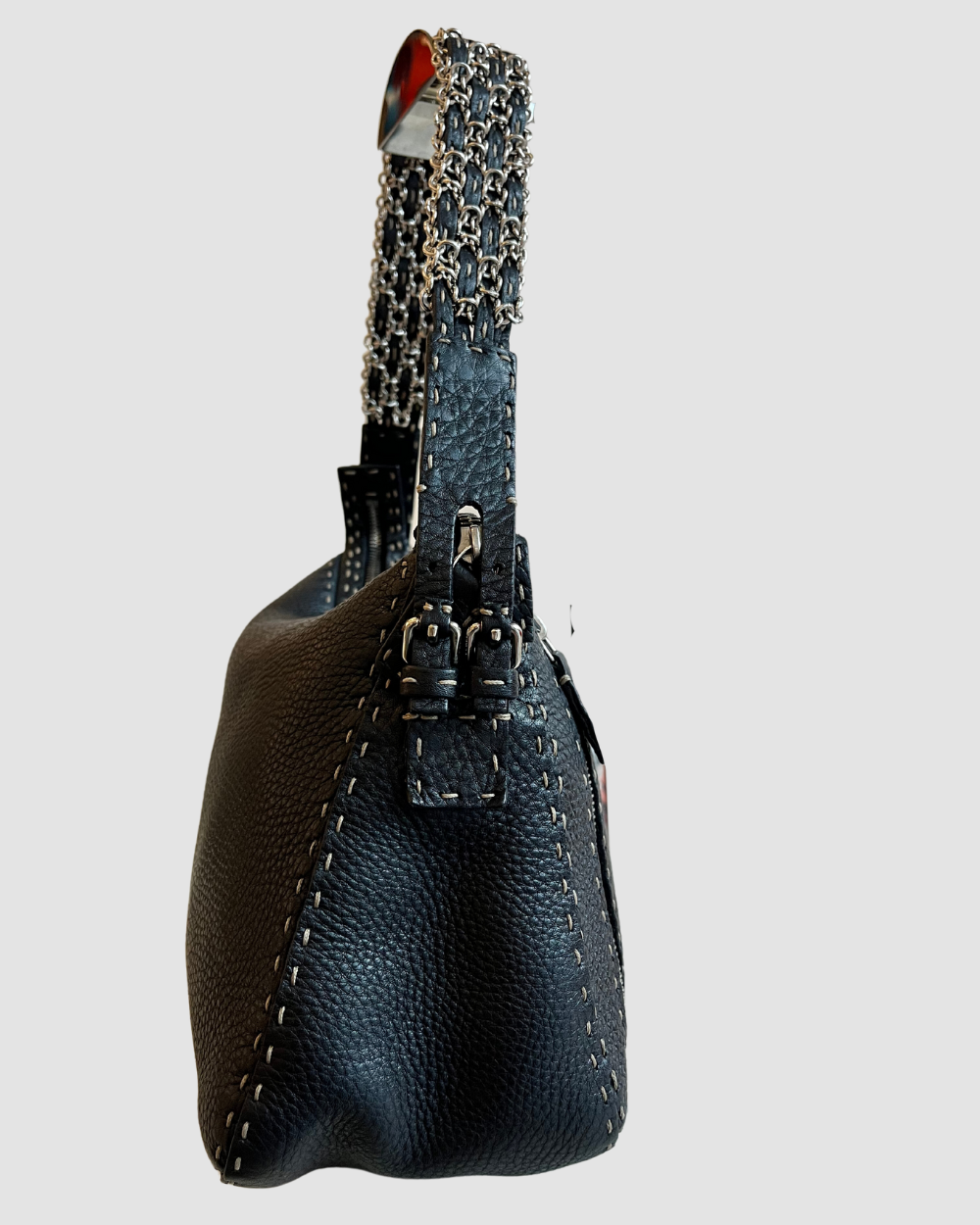 Fendi Vintage Black Leather Silver Detailing Shoulder Bag