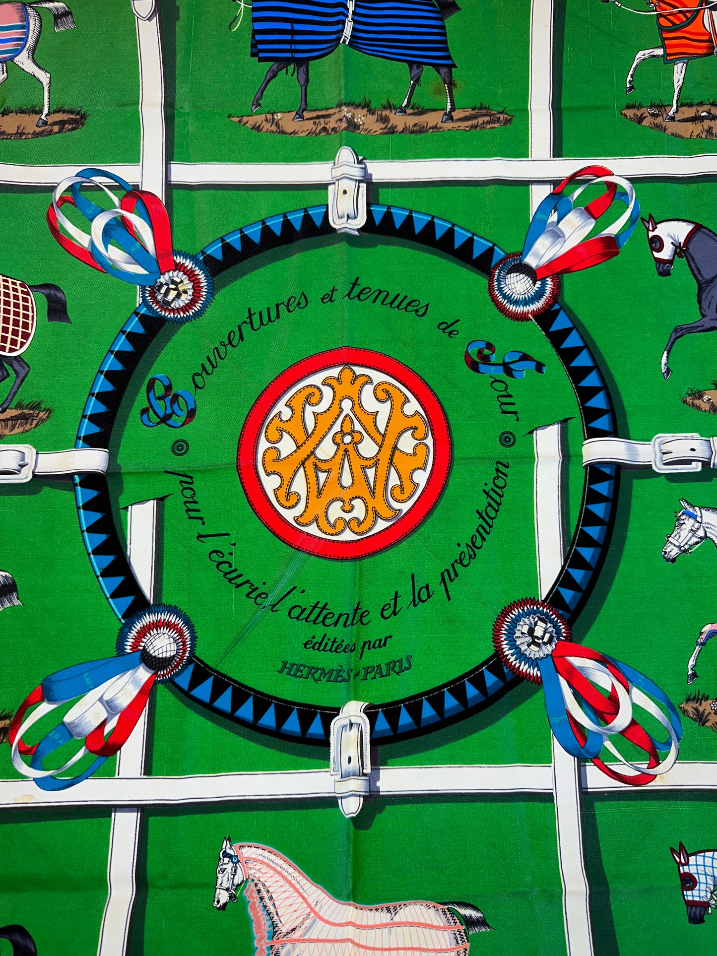 Hermes Green, Red & Black Horse Silk Scarf
