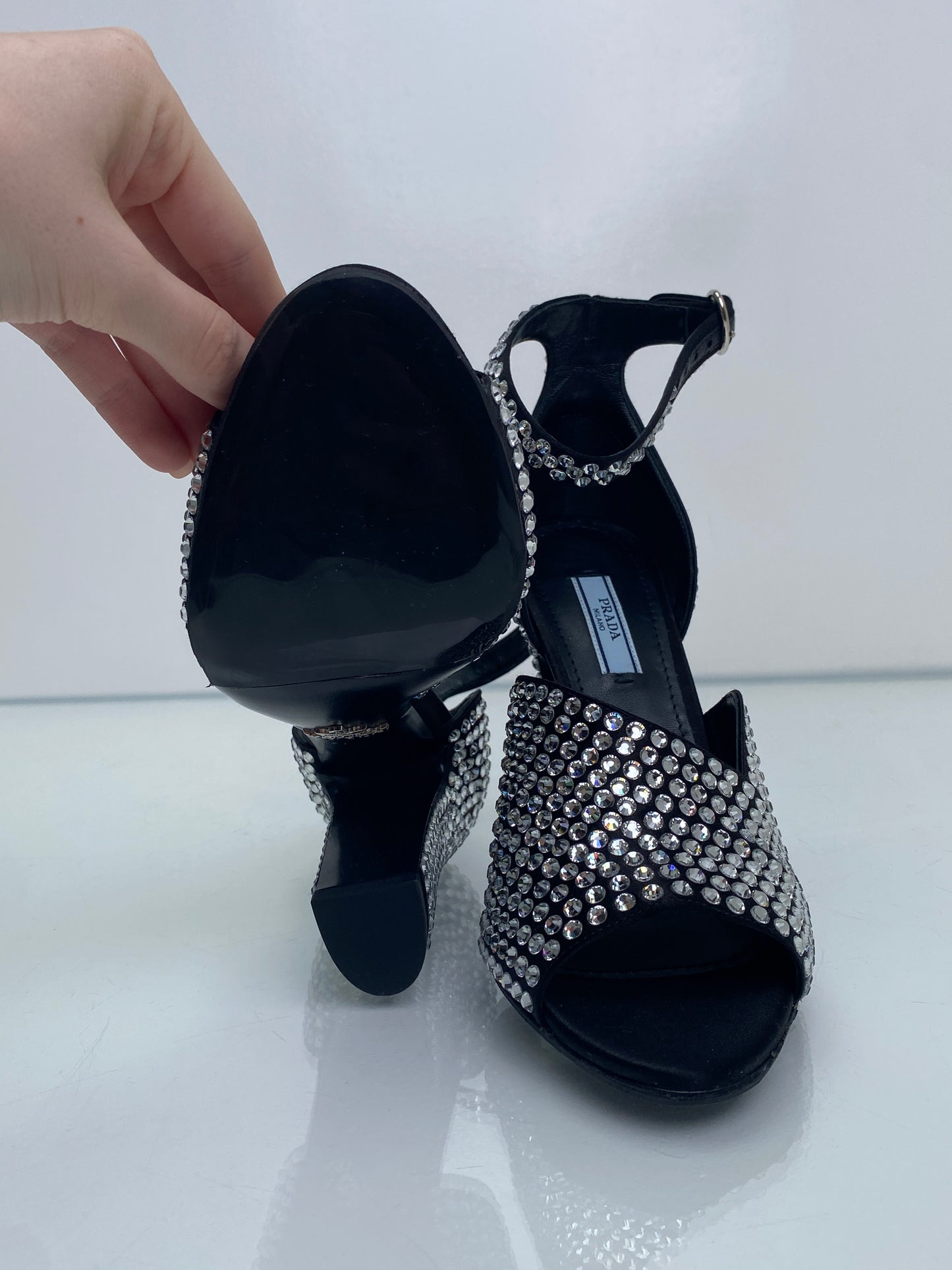 Prada Crystal/Black Ankle Wrap Heels, 37