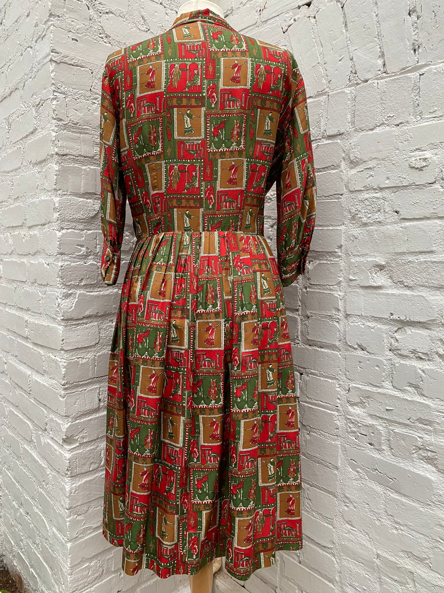Brown, Red & Green Greek Silk Vintage Dress, S