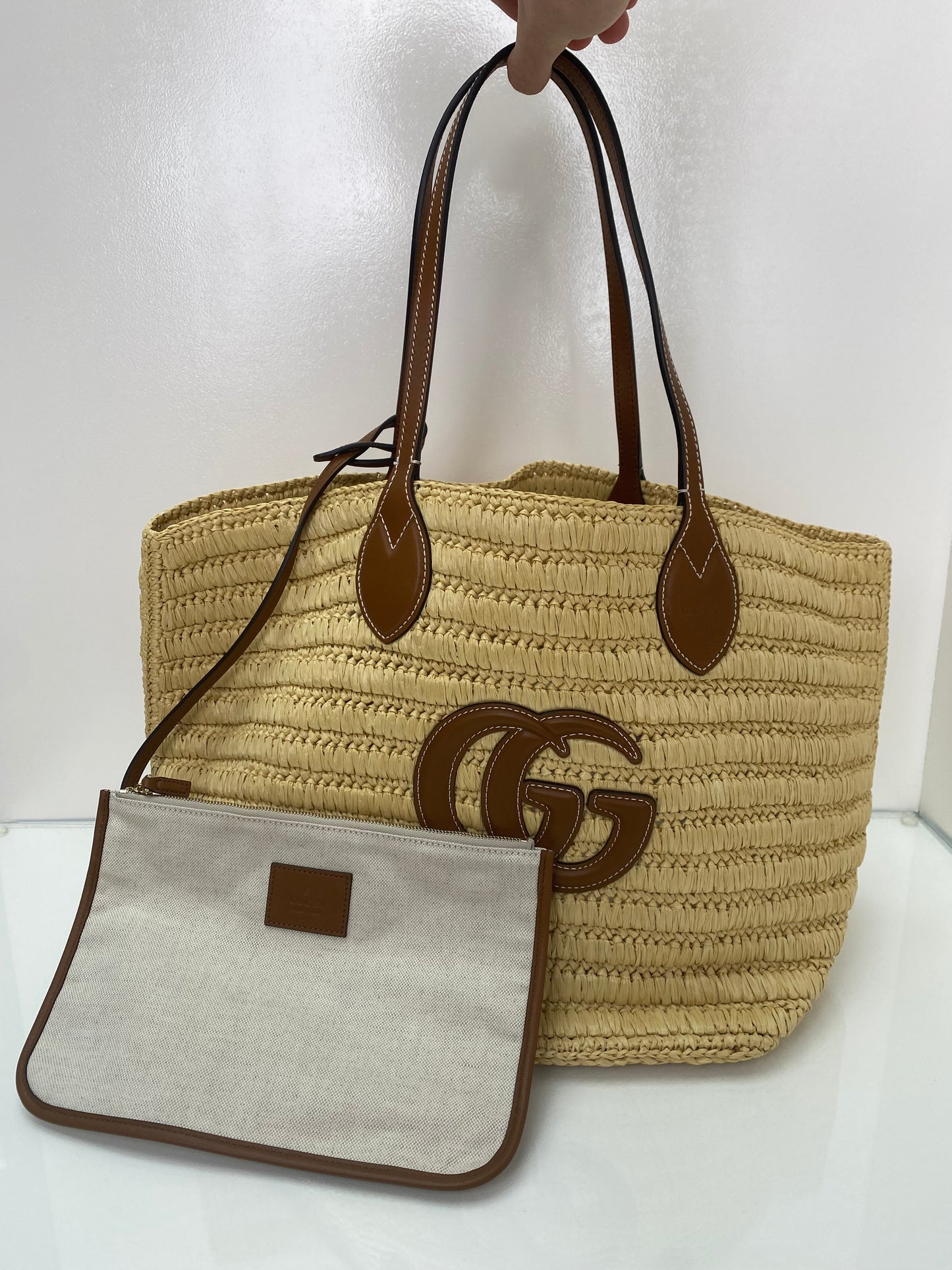 Gucci Brown Leather & Raffia Woven Medium Tote Bag