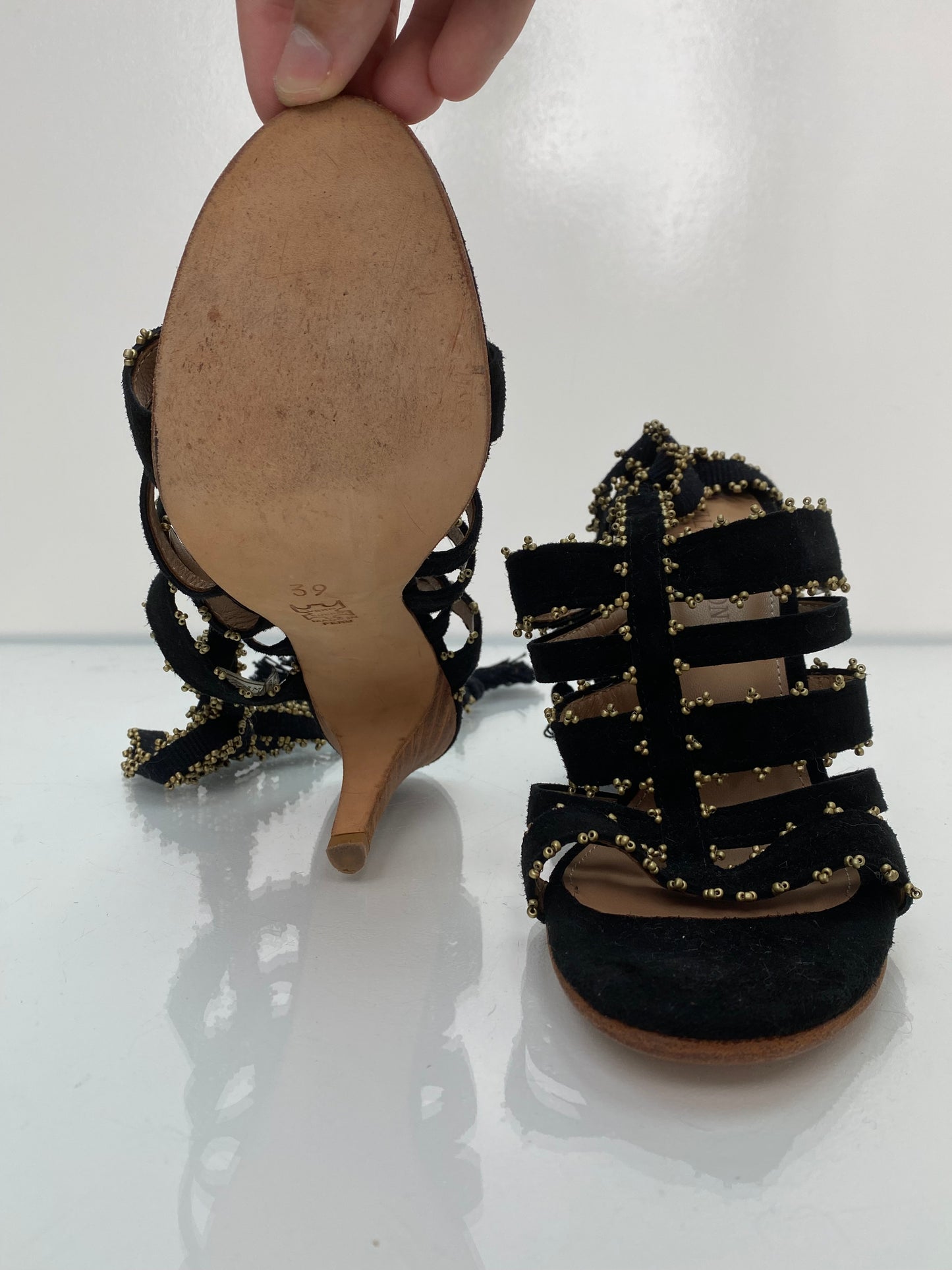Ulla Johnson Black/Gold Suede Sandals, Size 39