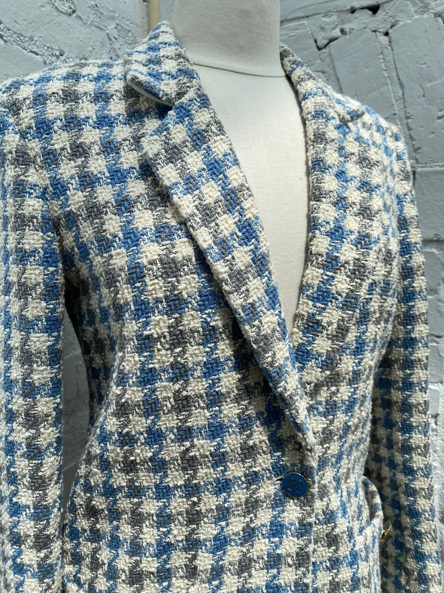 Sandro Cream, Blue & Gray Houndstooth Tweed Blazer & Skirt Set, 36