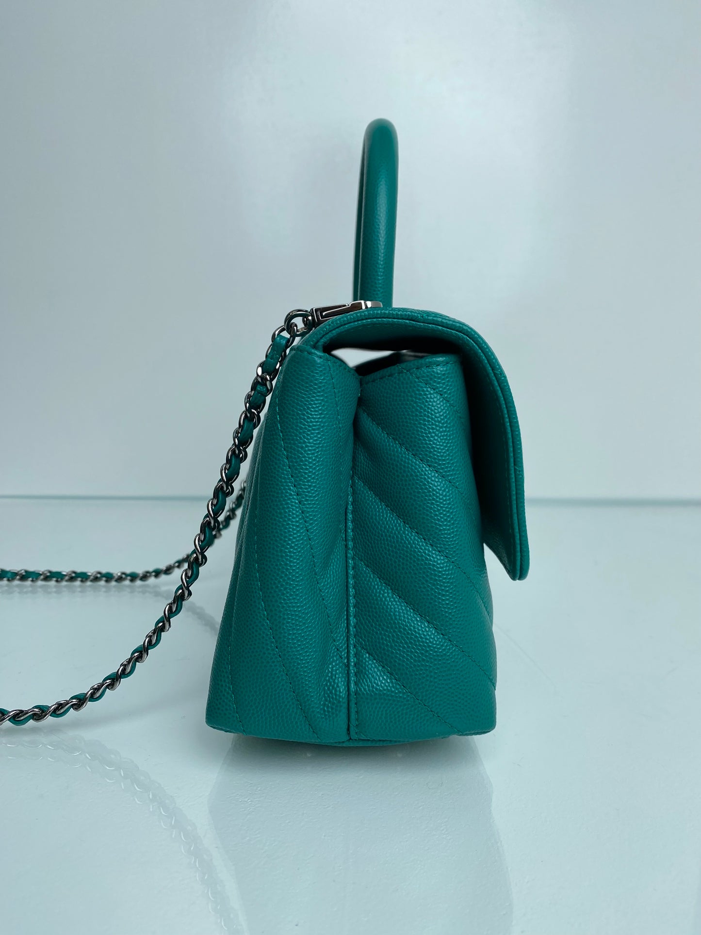 Chanel Small Coco Handle Dark Teal Caviar Leather SHW