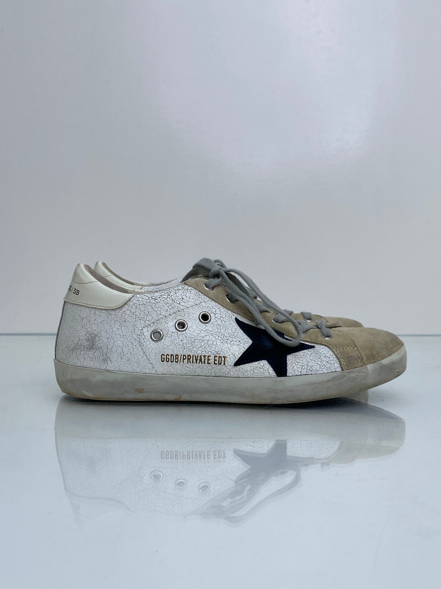 Golden Gooss Crackled White/Tan Suede Superstars 39