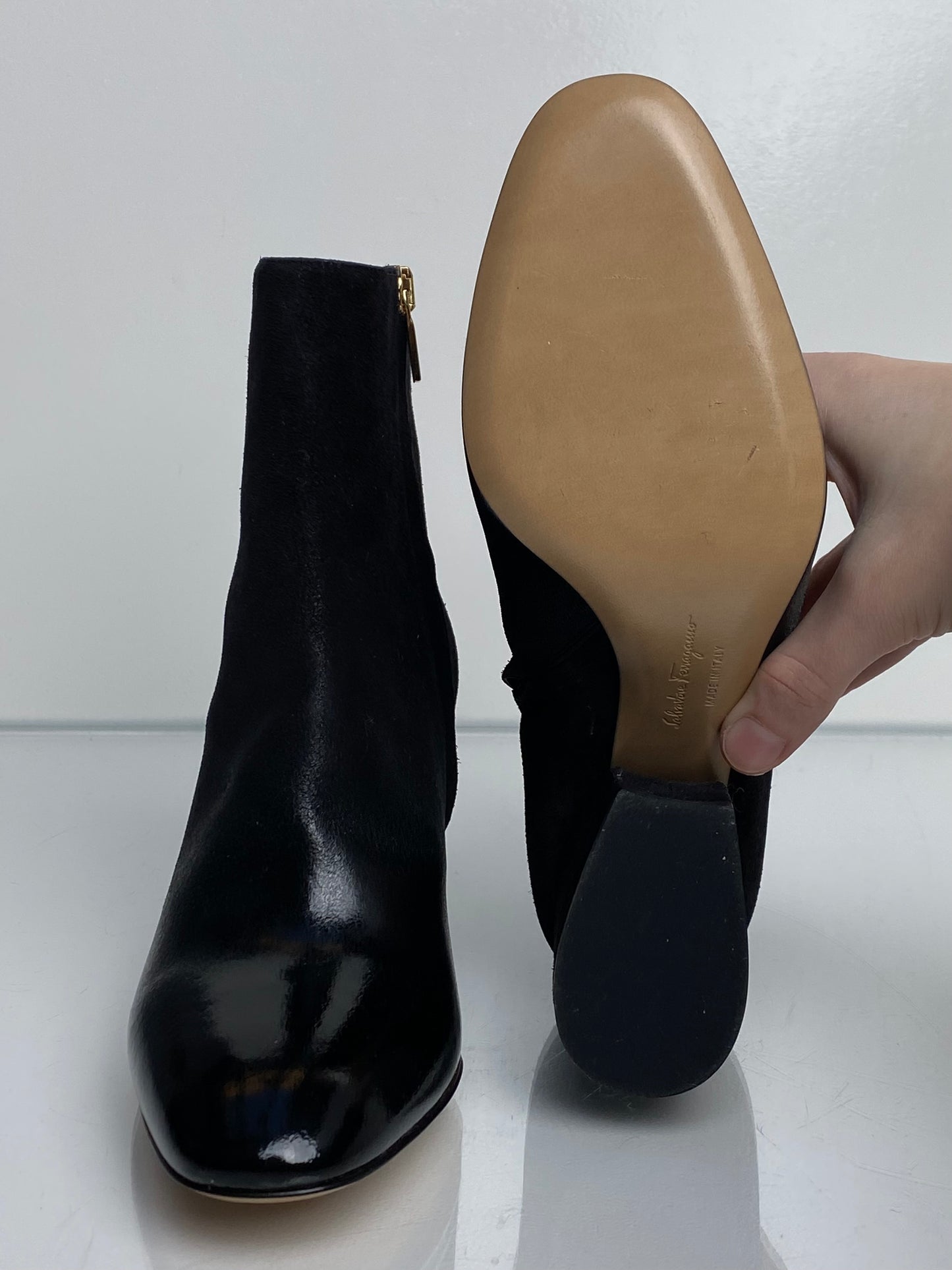 Ferragamo Black Suede To Patent Booties, 6