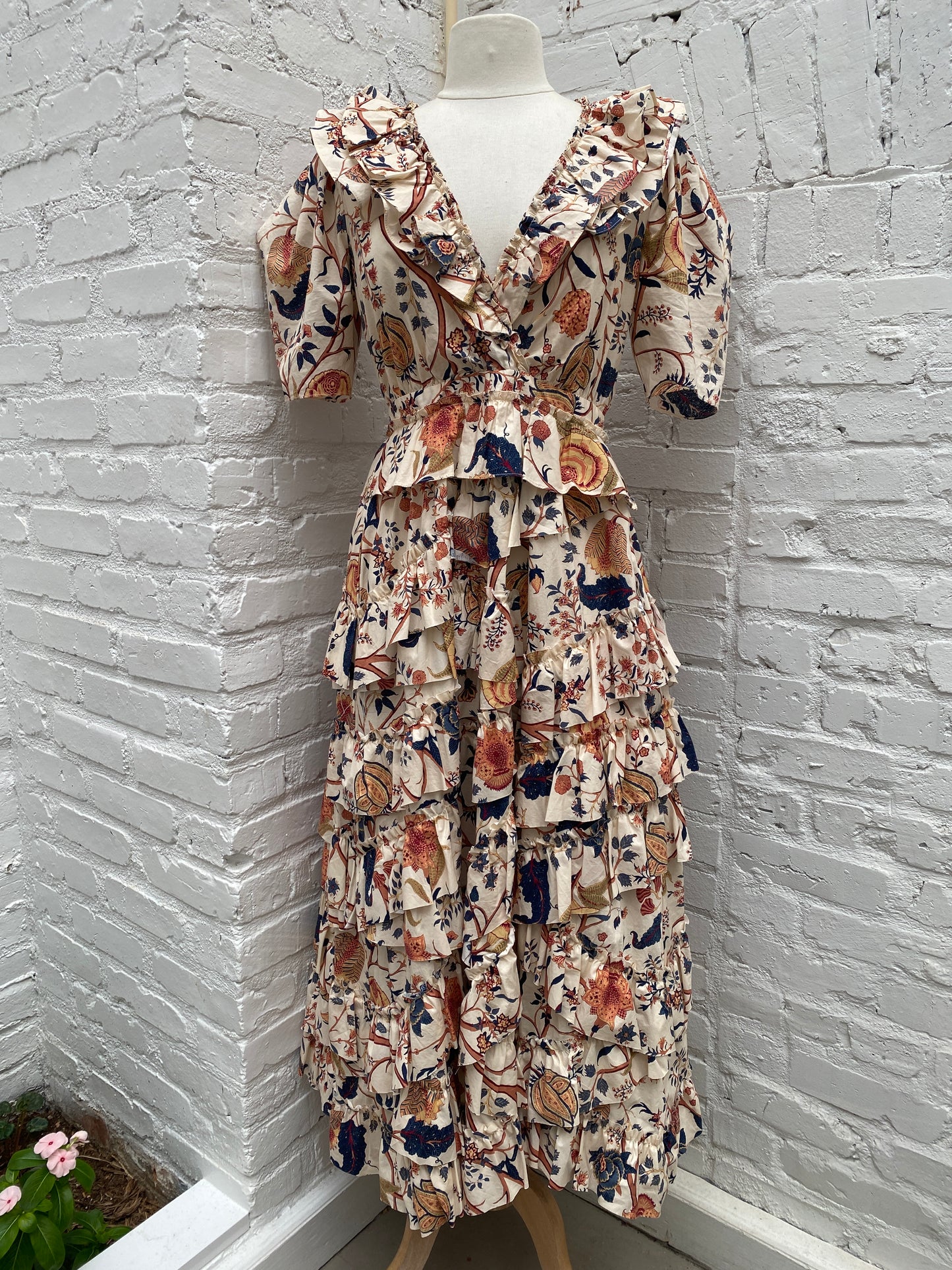 Ulla Johnson Cream, Peach & Navy Ruffled Dress, S/M