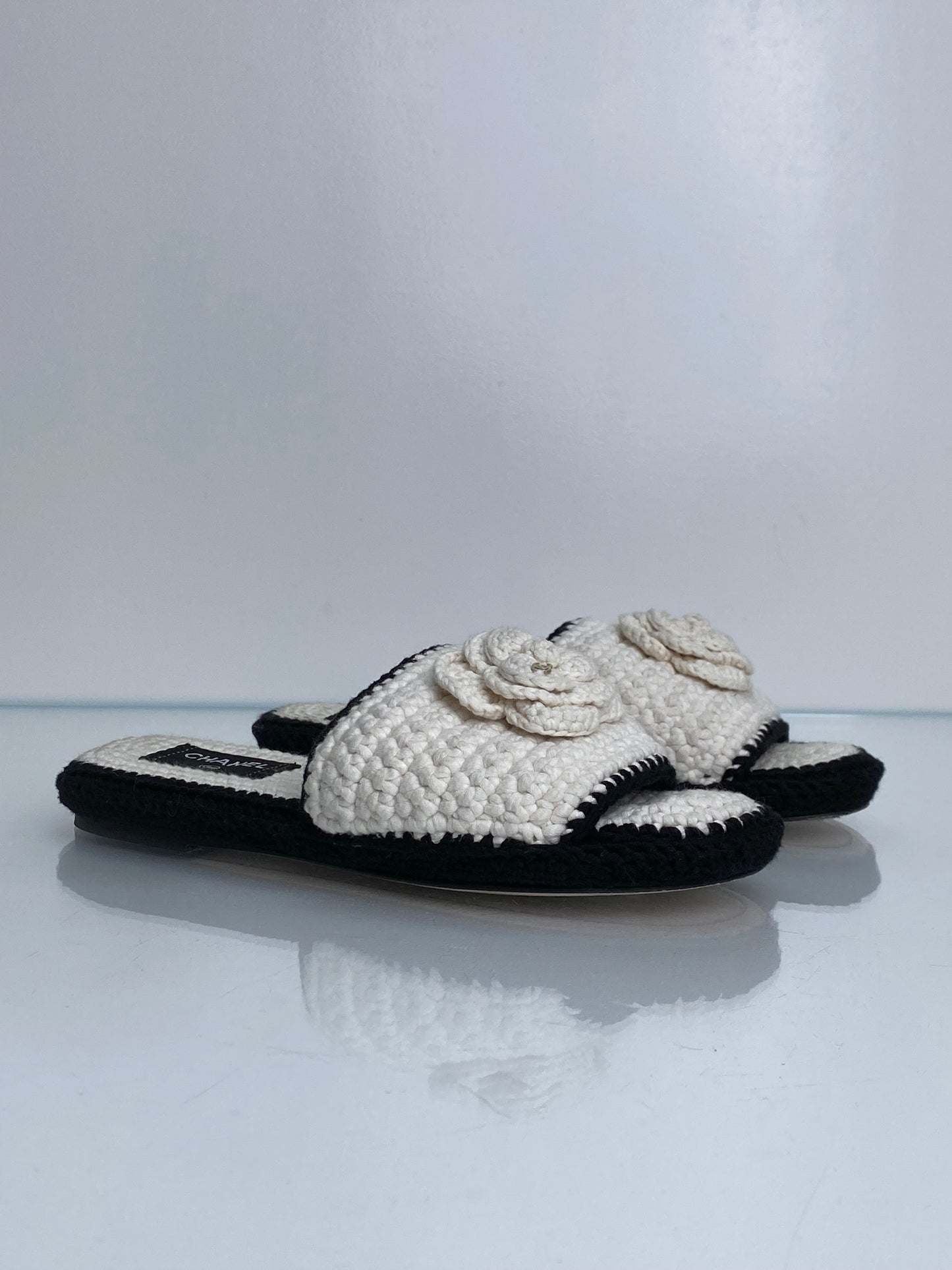 Chanel Black/White CC Camelia Crochet Clogs, 39