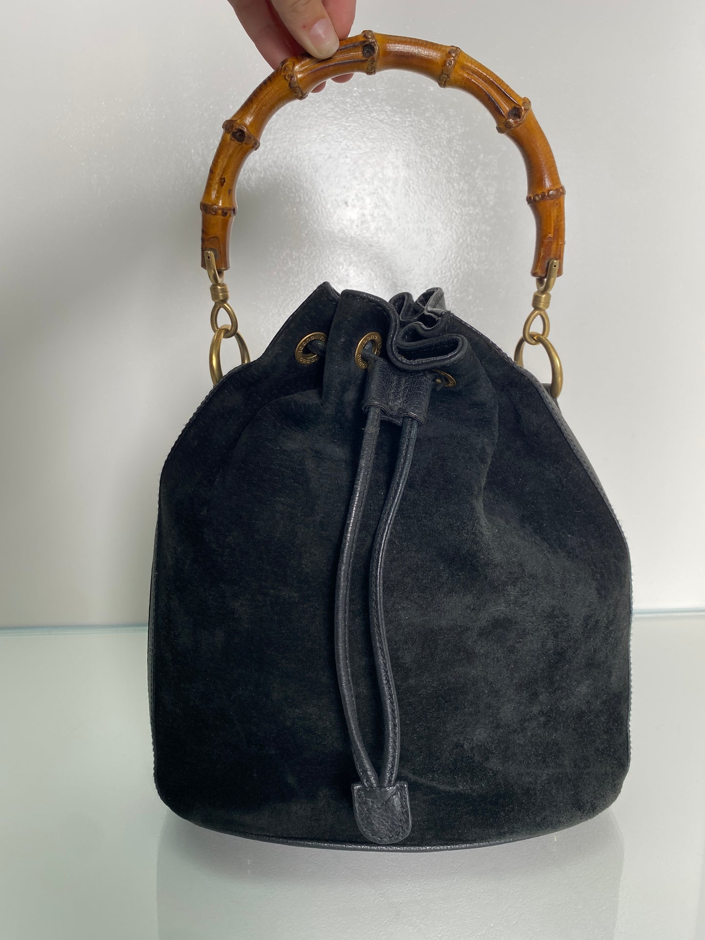 Gucci Vinatge Black Suede Bamboo Bucket Bag GHW