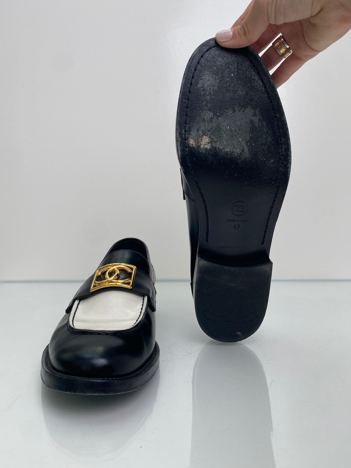 Chanel Black, White, & Gold CC Leather Loafers, 42