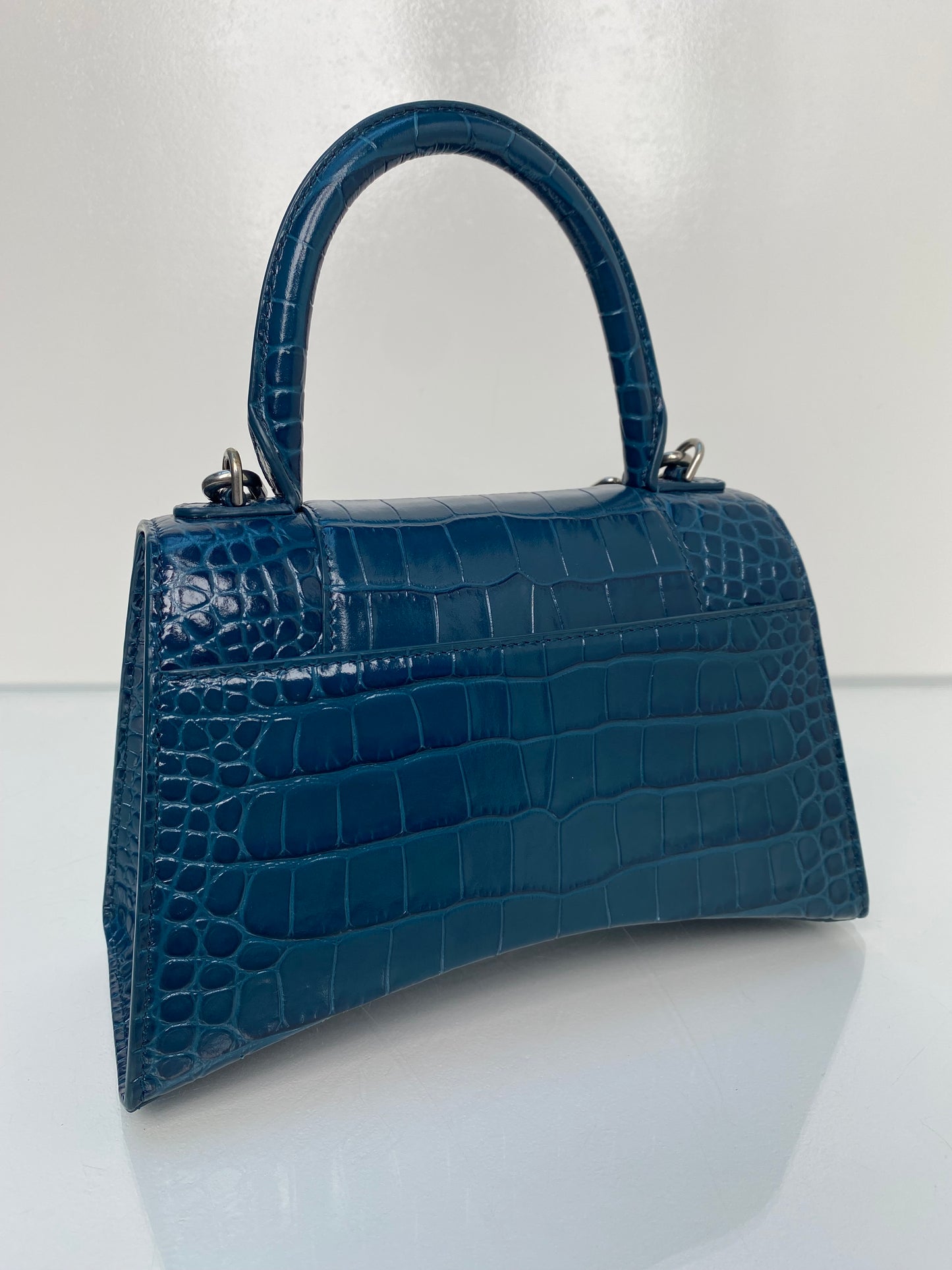 Balenciaga Teal Croc Embossed S Handle Hourglass Bag