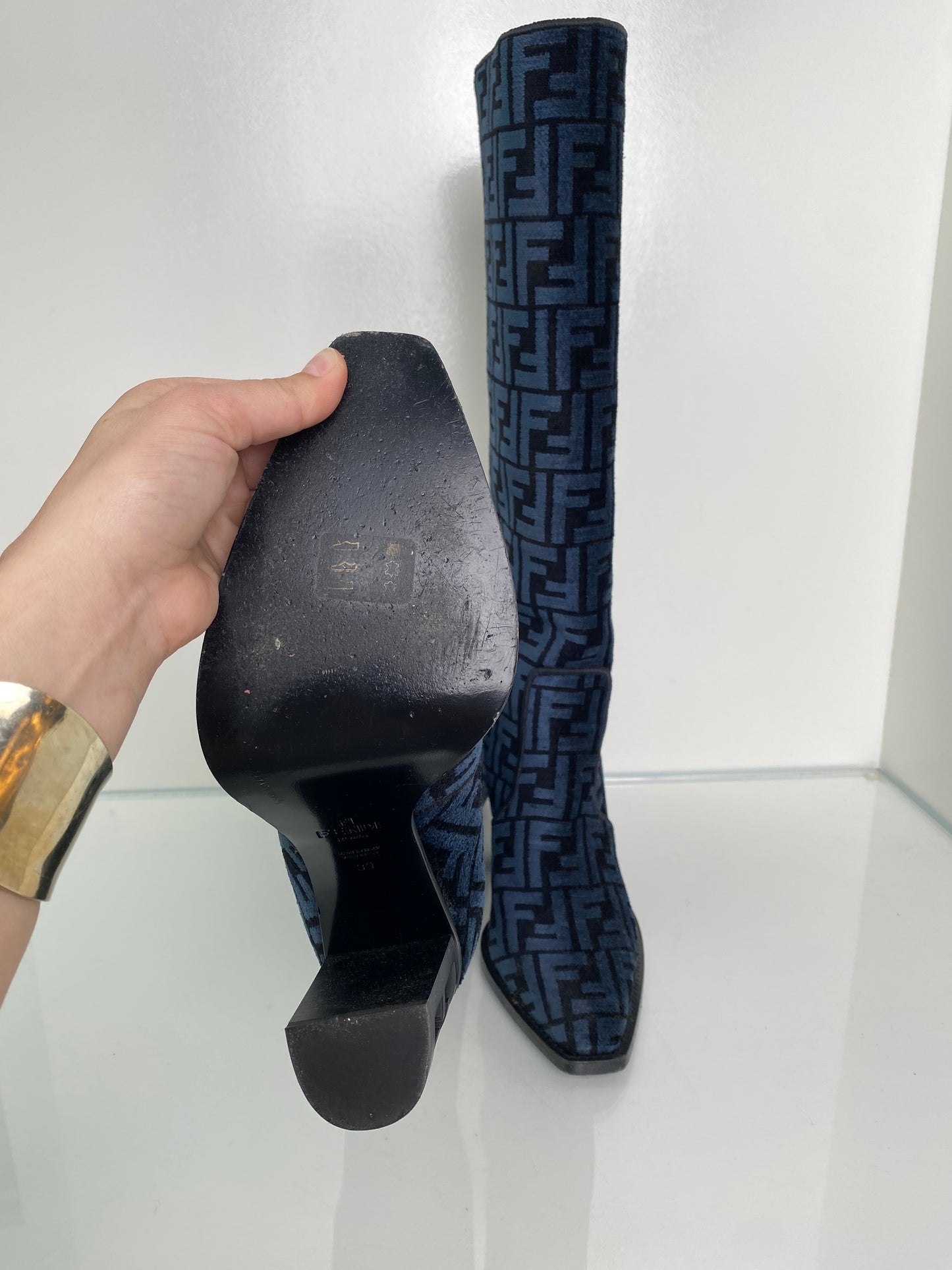 Fendi Navy & Black Chenille Tall Heel Boots, 39