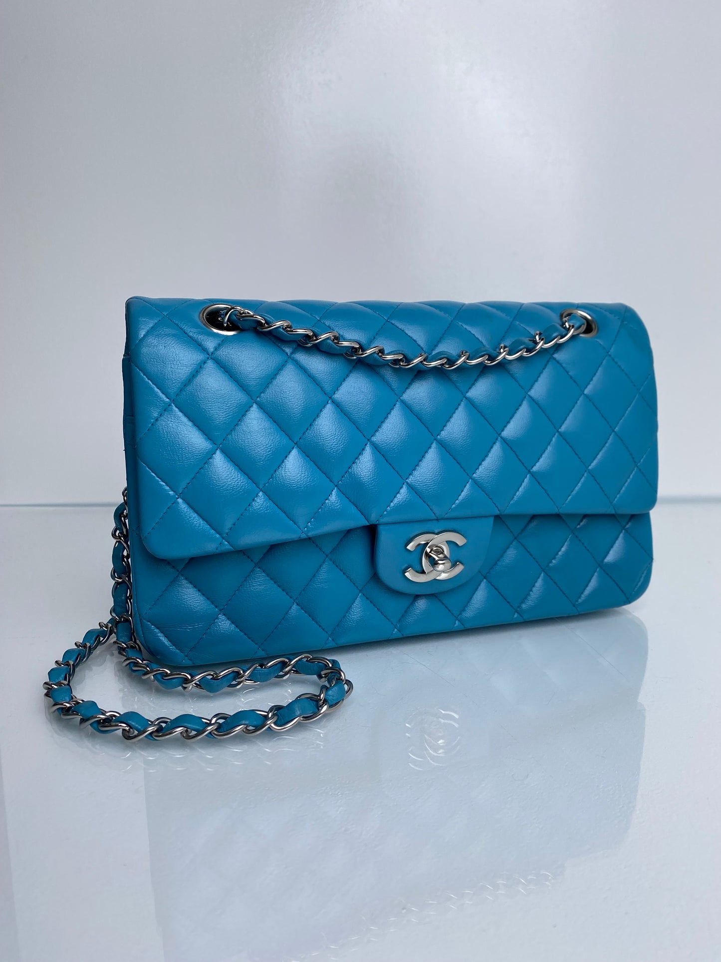 Chanel Classic Double Flap Turquoise Lambskin Bag SHW