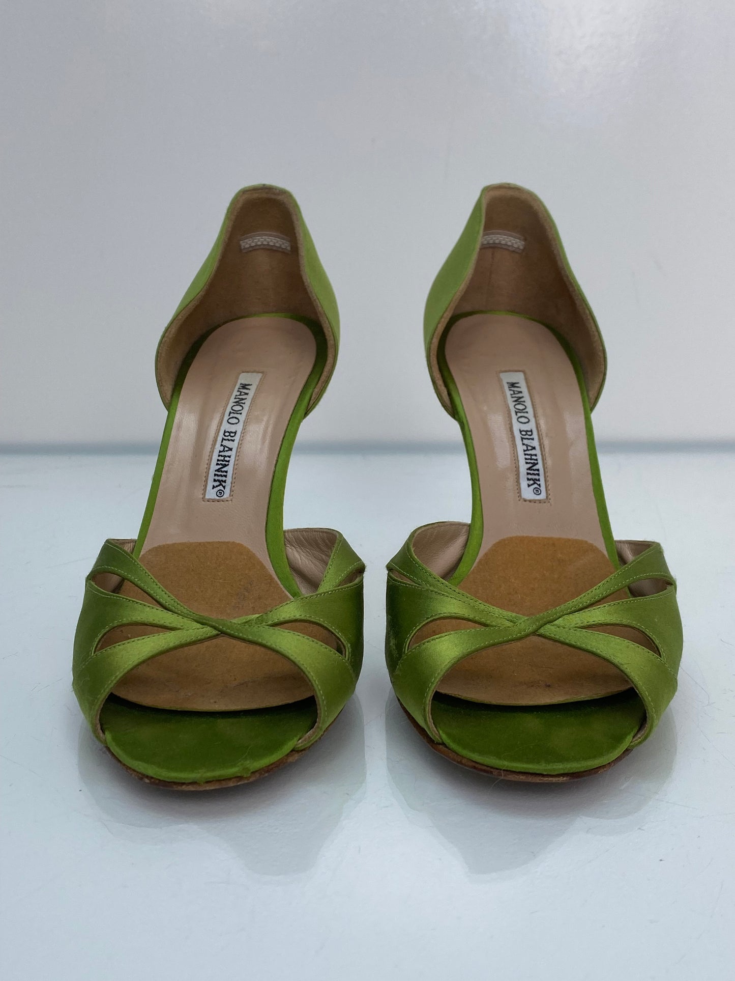 Manolo Blahnik Green Peep Toe Heels, 37.5