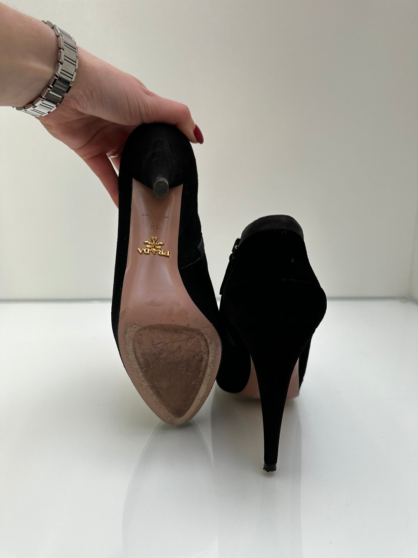 Prada Black Suede Booties, Sz 36