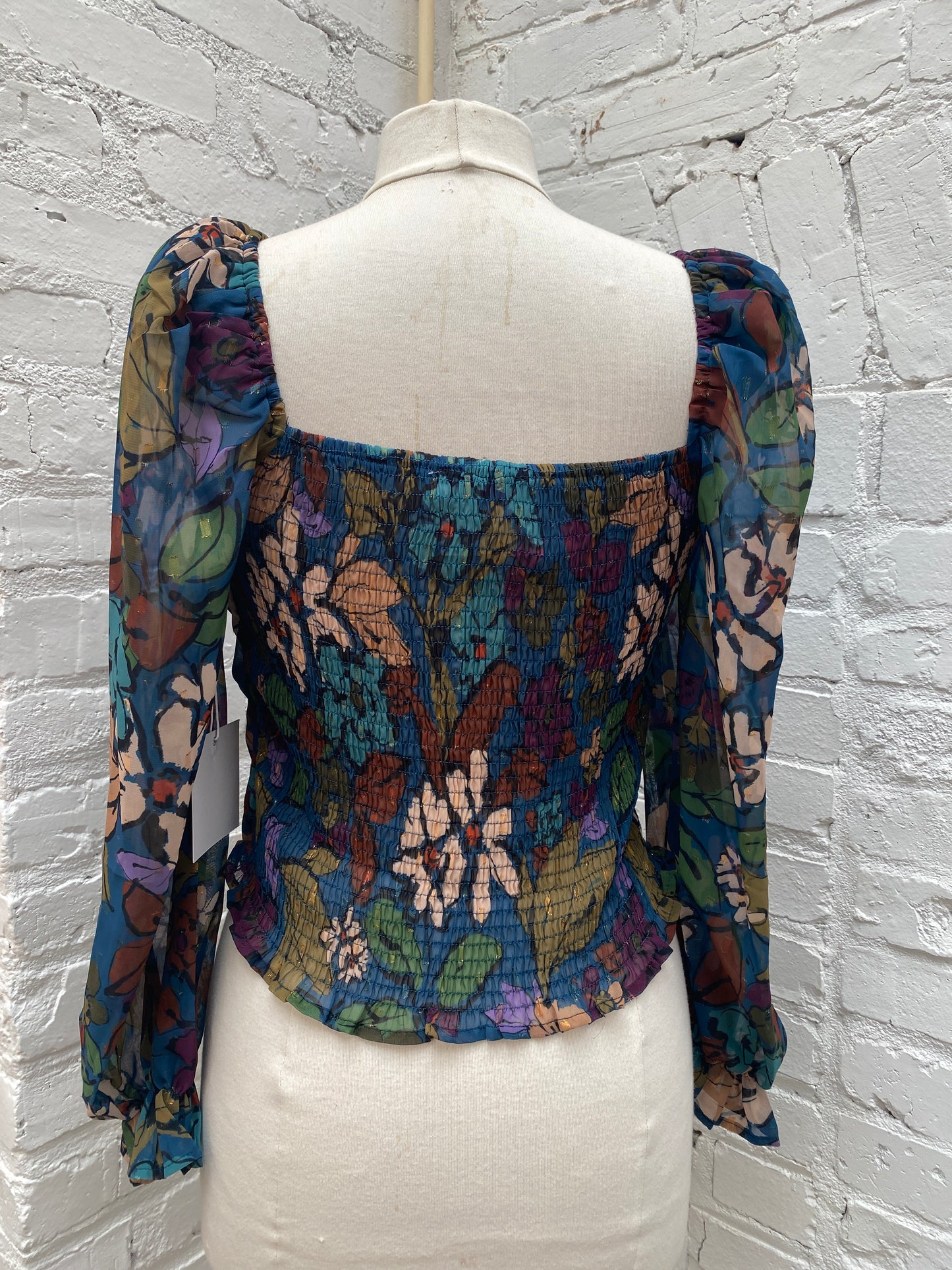 Meet Me in Santorini Dark Blue Floral Smocked Longsleeve Top, M