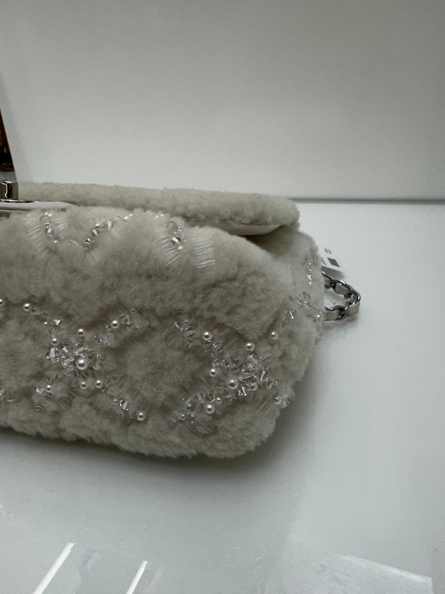 Chanel White Shearling Sequin & Pearl Medium Single Classic Flap SHW
