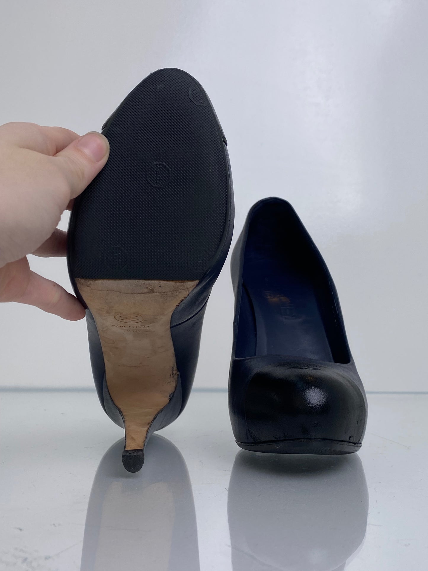 Chanel Navy & Black Toe Leather Heels, 39.5