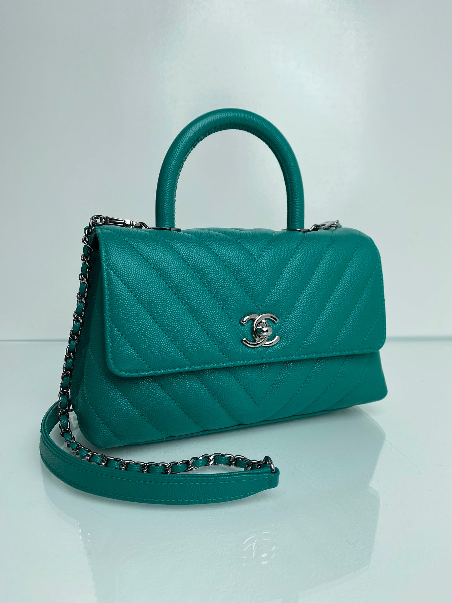 Chanel Small Coco Handle Dark Teal Caviar Leather SHW