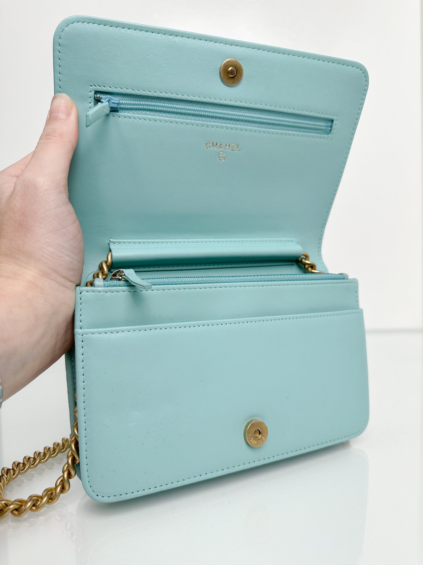 Chanel Tiffany Blue Caviar Boy Wallet on Chain GHW