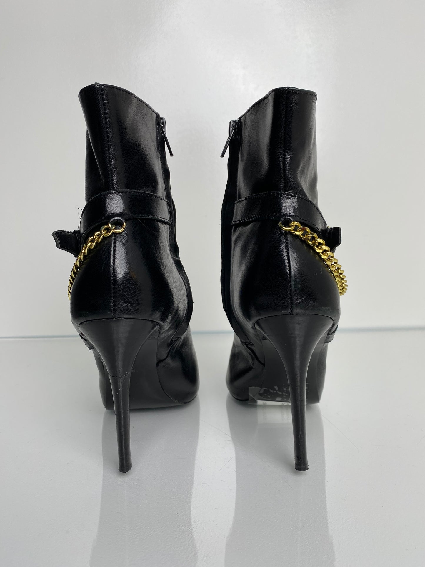 Ralph Lauren Black Leather & Chain Detailing Booties, 8.5
