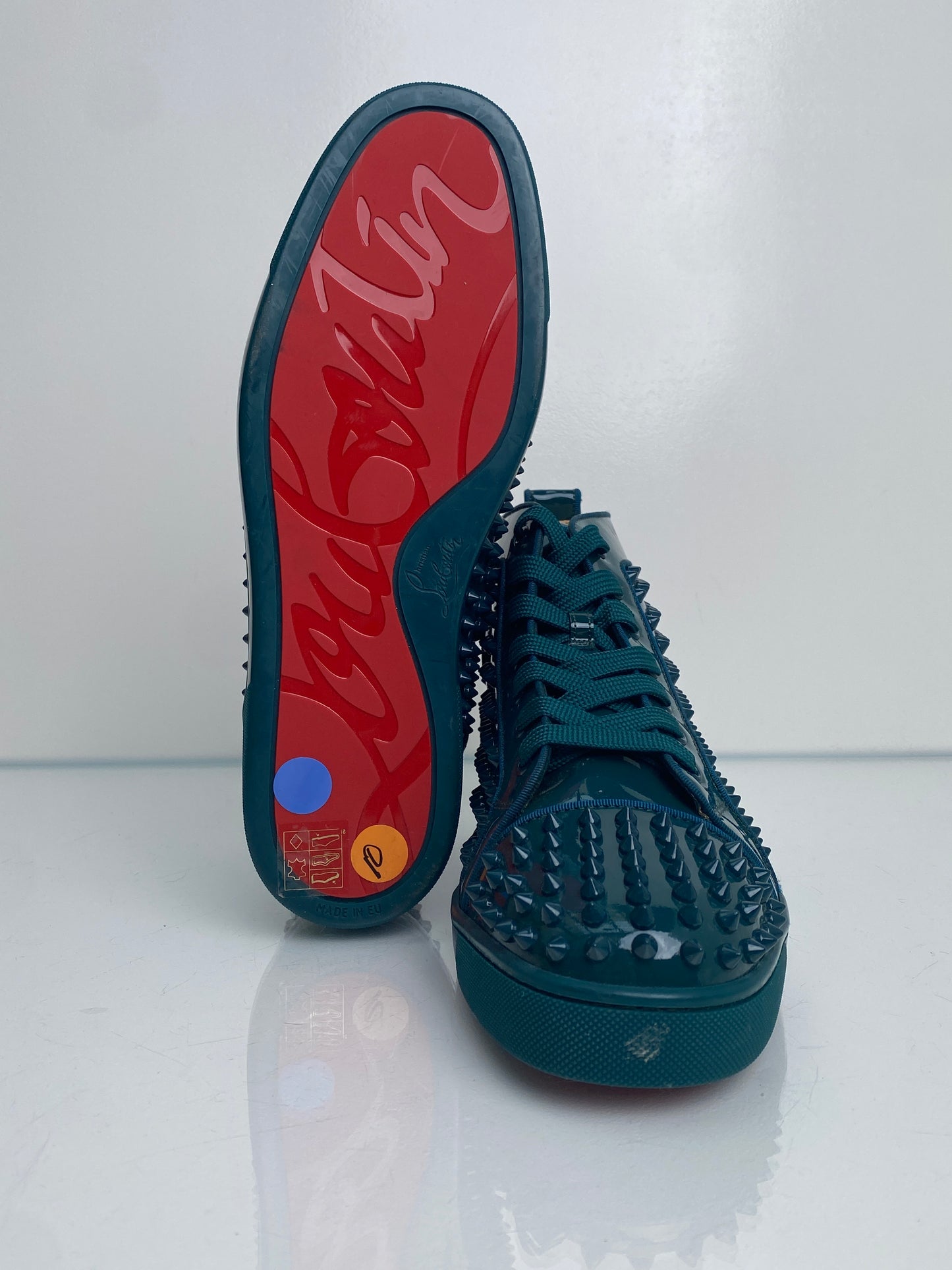 Christian Louboutin Dark Teal Spiked Patent Leather High-Top Sneakers, 43