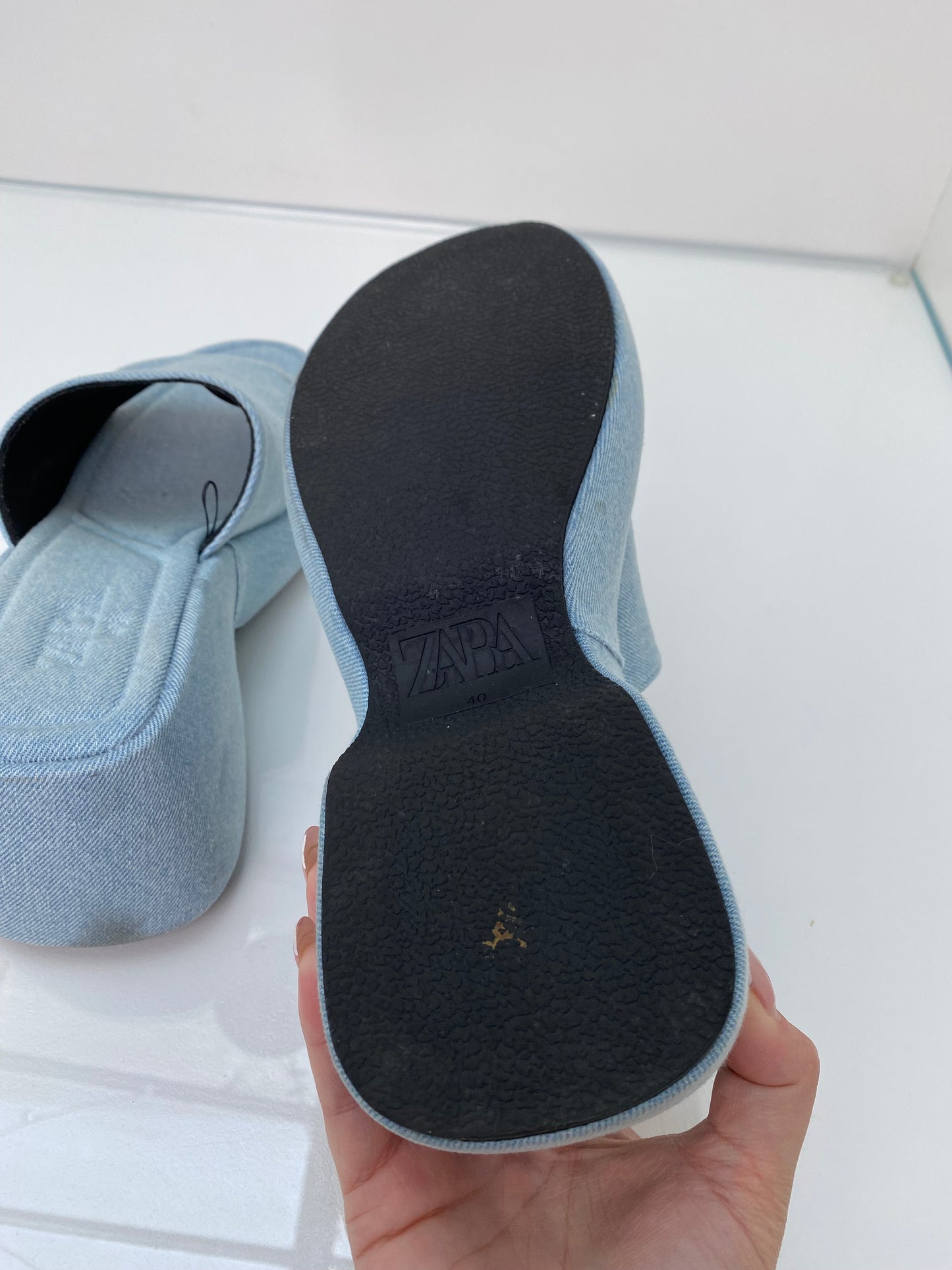 Zara Light Wash Denim Block Heels, 40